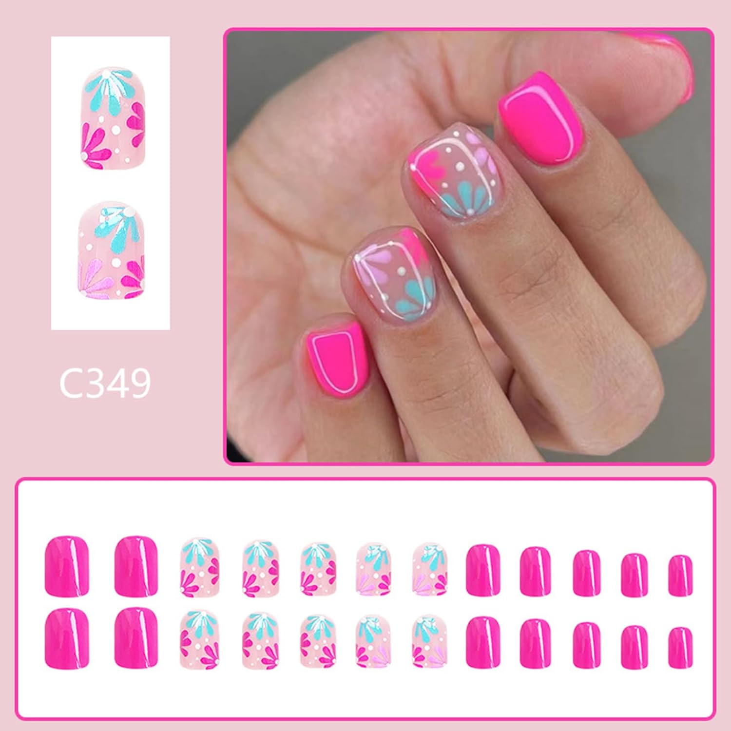 24Pcs Flower Press on Nails Short Square Fake Nails Blue Pink Stick on Nails Full Cover Flowers False Nail Tips Acrylic Spring Summer Glue on Nails Cute Floral Nail Art Decorations for Women