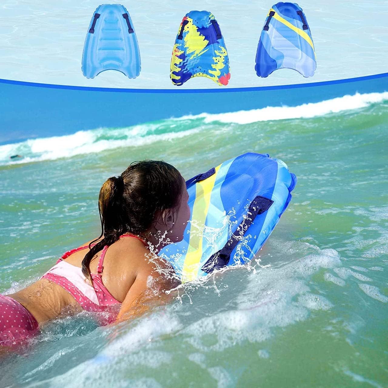 Inflatable Surf Body Board,Inflatable Surfboard Kickboard with Handles Foldable Swimming Pool Floating Pad for Both Adults Beginner and Childs Portable Boogie Boards