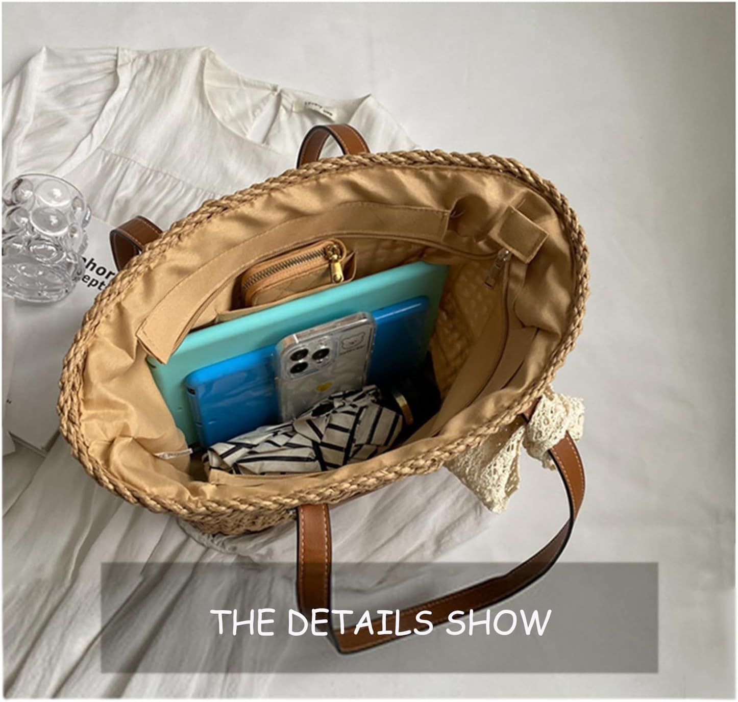 Straw Bag Women Straw Beach Bag Hand-woven Shoulder Hobo Bags Vacation Purse Straw Purse for Summer for Travel 2024 (Khaki)