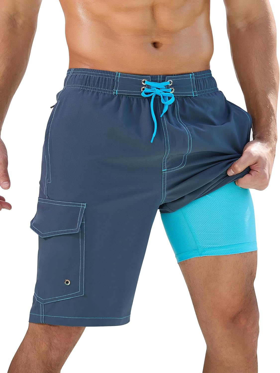 SILKWORLD Mens Swim Trunks with Compression Liner Quick-Dry 10" Stretch Beach Shorts