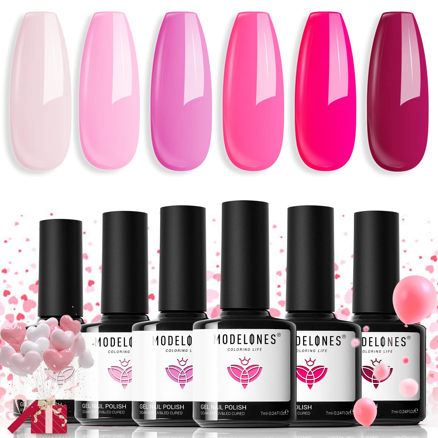 modelones Pink Gel Nail Polish Set 6 Colors, Hot Pink Tones Neon Pink Shades Magenta Light Soft to Dark Nail Art Design for Women Girl LGBT Unisex Nail Lovers Gift Salon DIY Summer Gel Manicure Kit