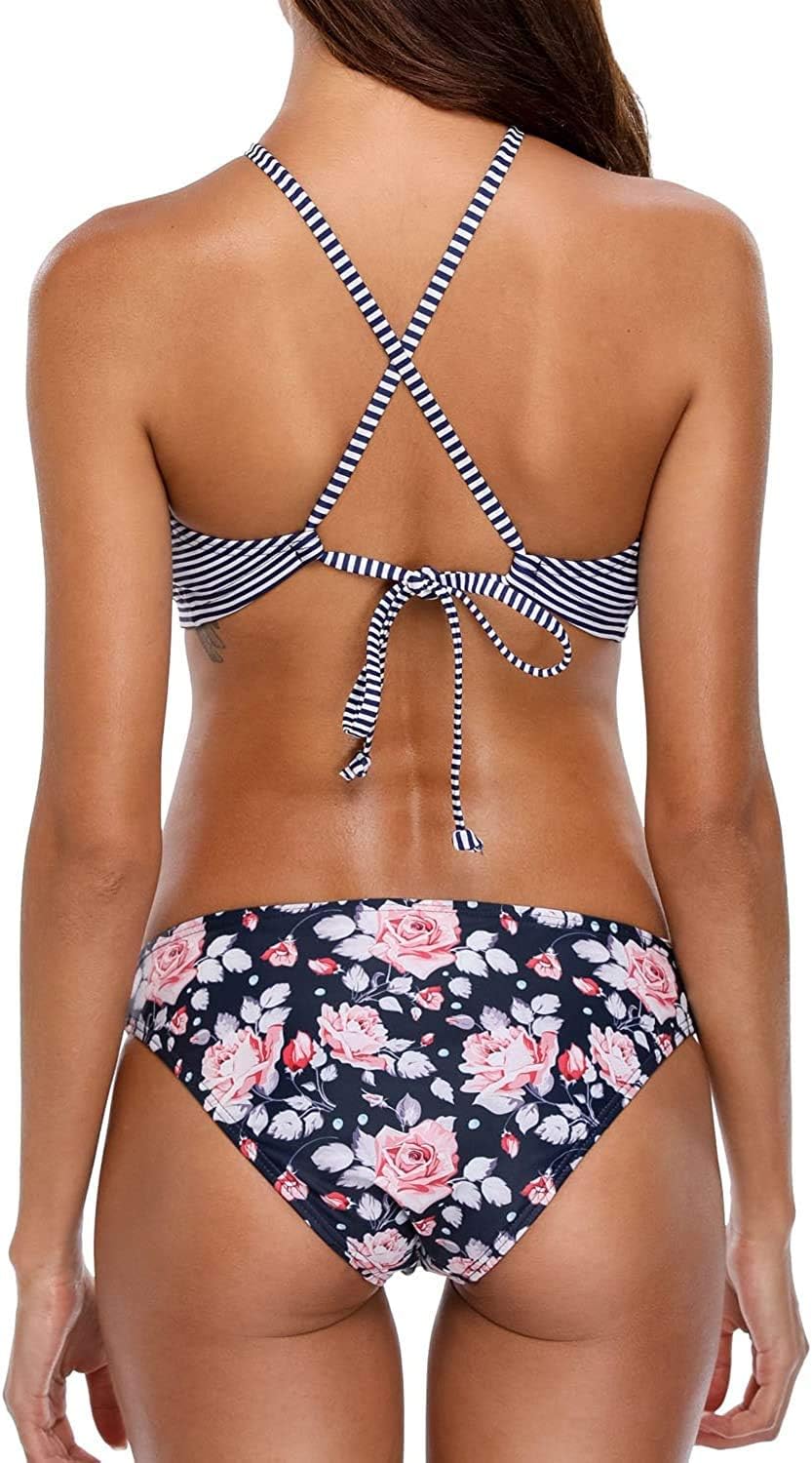 beautyin Womens Floral Striped Halter High Neck Bikini Swimsuit Set Cross Back