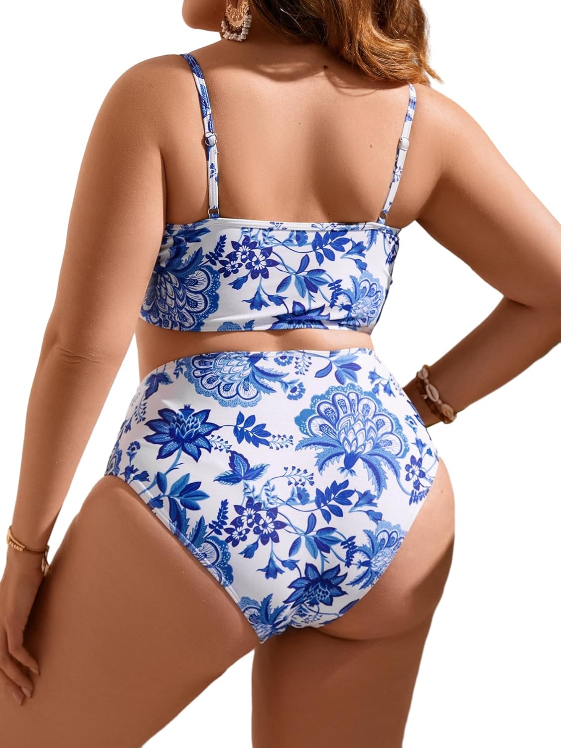 SOLY HUX Women's Plus Size Swimsuit Floral Print High Waisted Bikini Sets Two Piece Bathing Suits