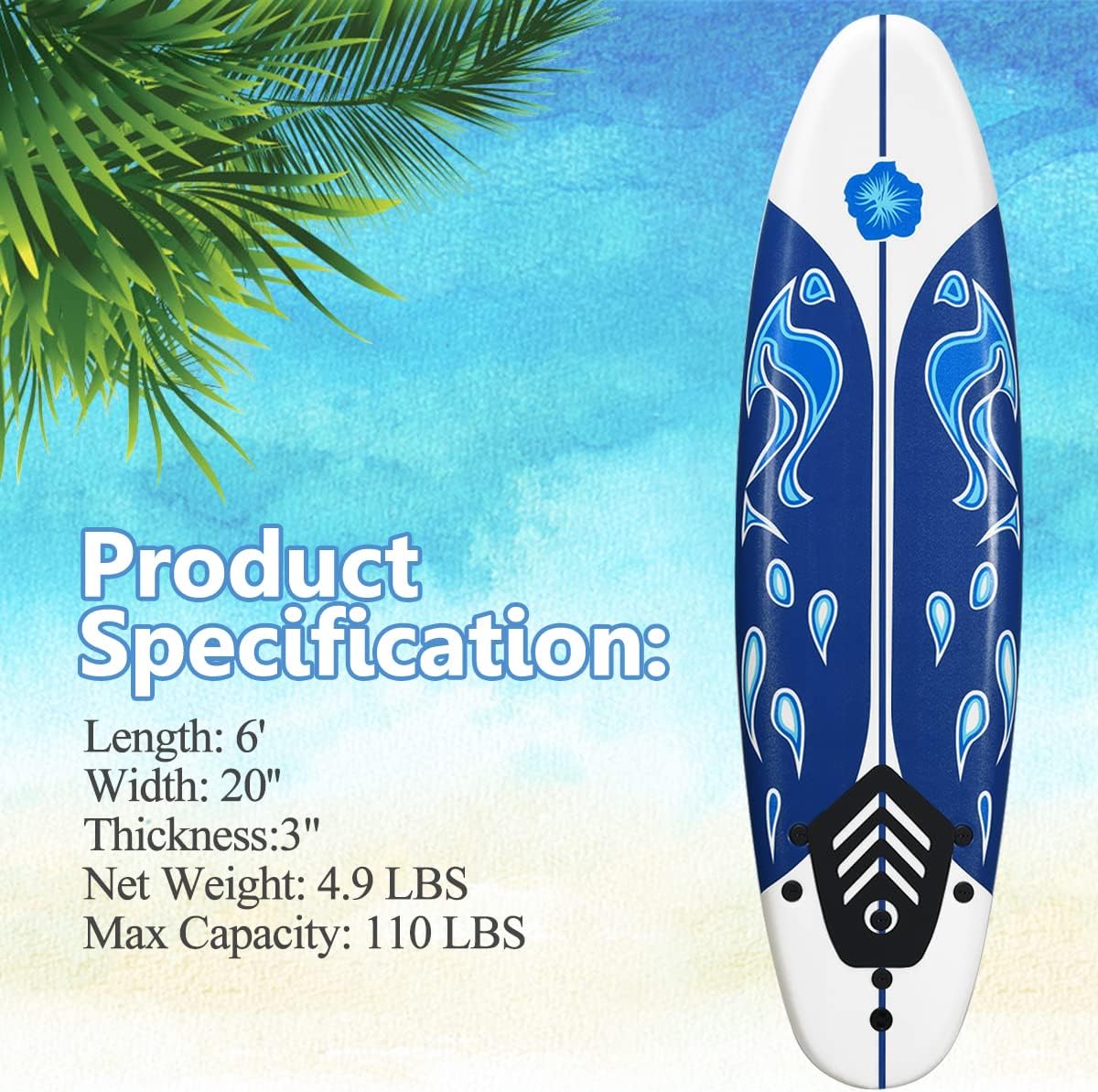 Giantex 6' Surfboard Surfing Surf Beach Ocean Body Foamier Board with Removable Fins, Great Beginner Board for Kids, Youth and Children