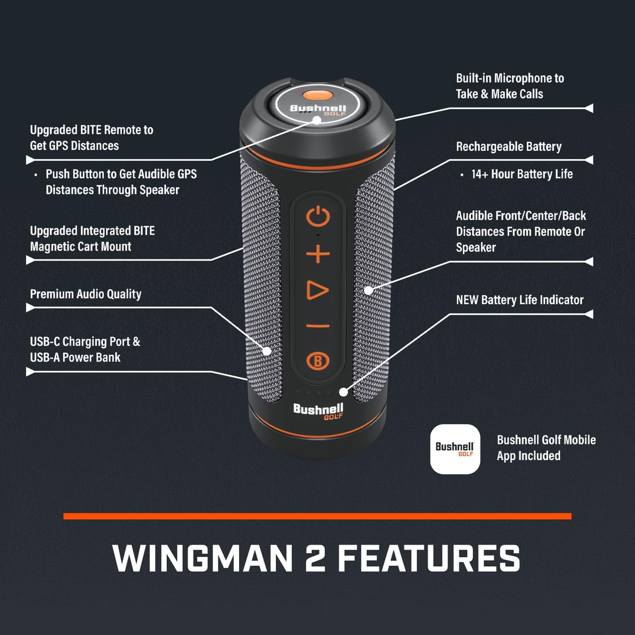 Bushnell Wingman 2 Golf Speaker with GPS (2024) | Remote Controlled Voice GPS Distances, Music, 40,000+ Courses, BITE Magnetic Cart Mount - Bundle with PlayBetter Protective Wingman Pouch