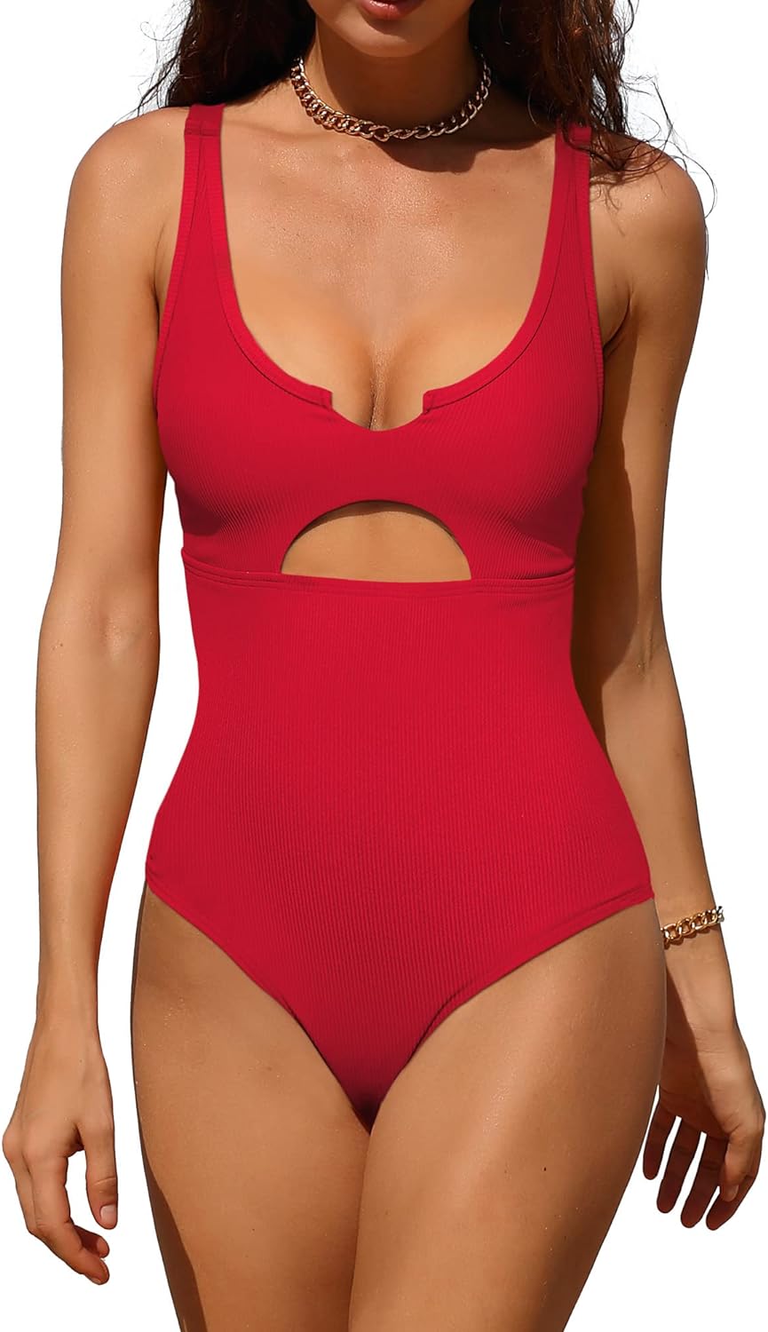 Charmo Ribbed One Piece Swimsuits for Women Cutout Scoop Neck Bathing Suit High Cut Padded Monokini