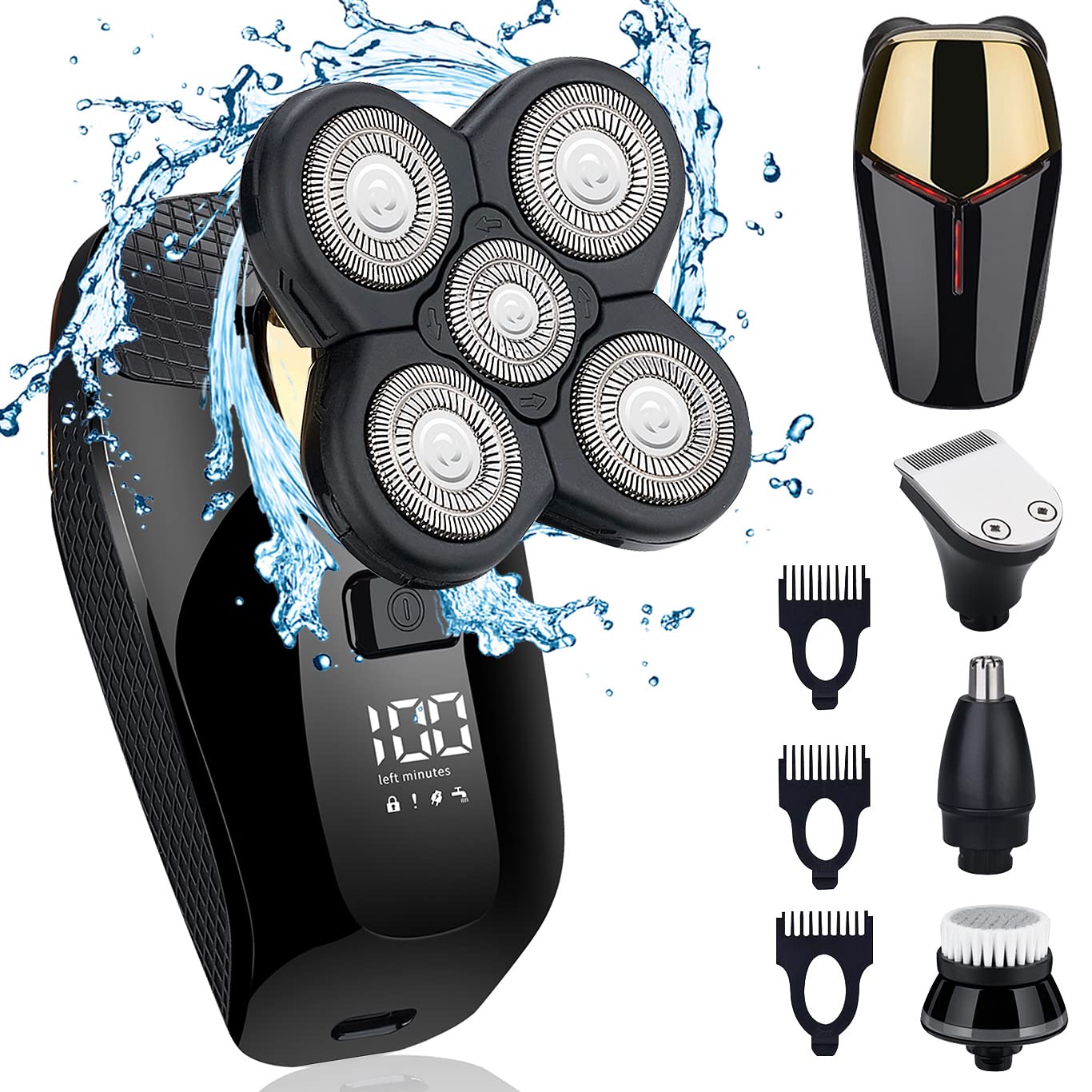 4 in1 Electric Head Shaver Bald Shaver Set Wet Dry Cordless Shaver for Men with Clippers Nose & Ear Trimmer Facial Cleansing Rechargeable Razors IPX6 Waterproof