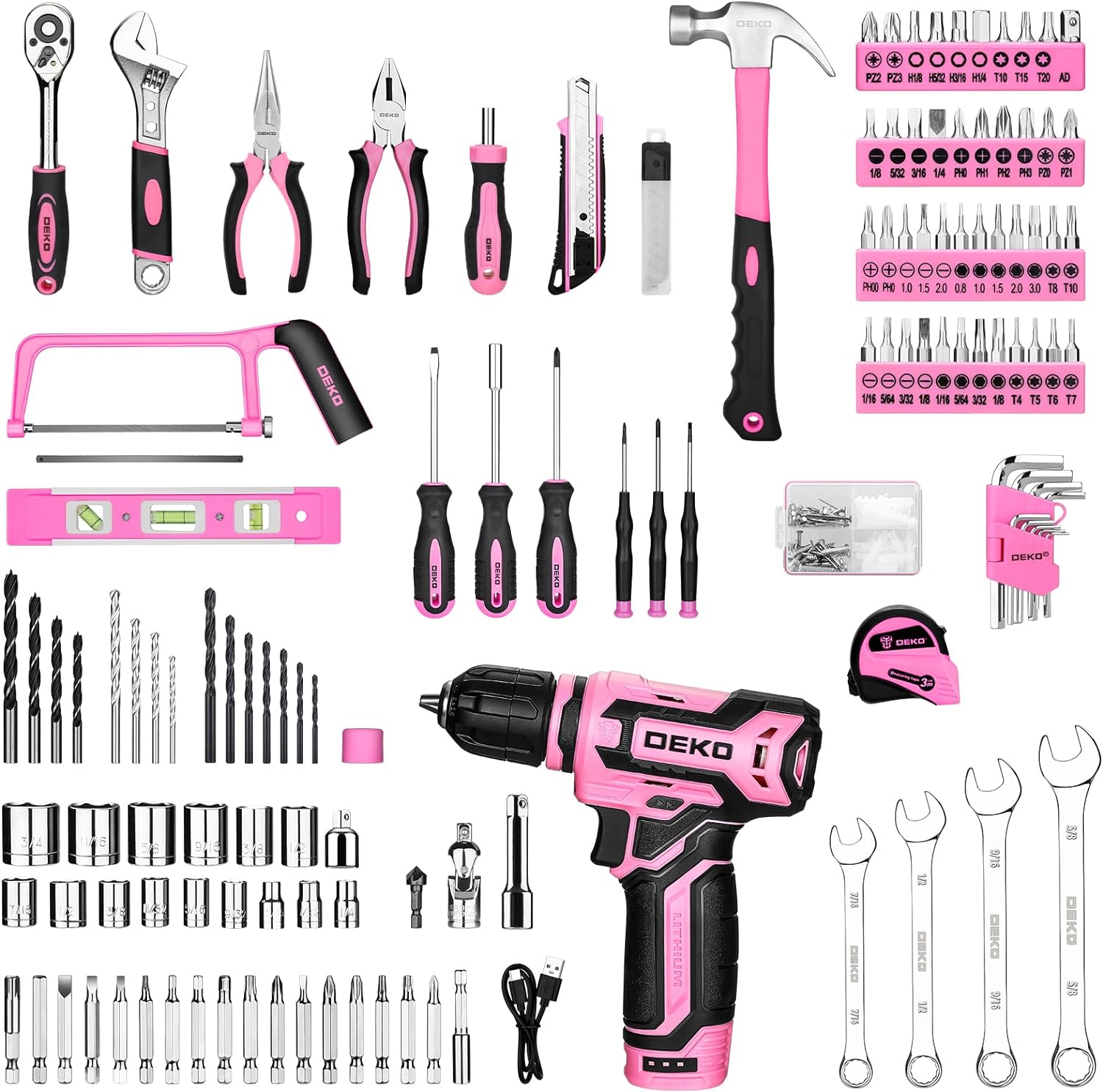 Pink Tool Kit Box Drill Set：DEKOPRO Home Mechanic Toolbox with 12V Power Cordless Drill Hand Repair Tools Sets Combo Kits Storage Organizer Drawer Case for Women