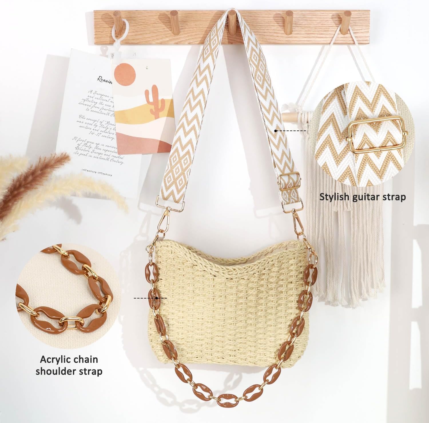 Straw Handbags Purses Crossbody Pocketbook Bag Casual Woven Beach Bags Summer Hobo Hippie Chic Tote Bags with Chain