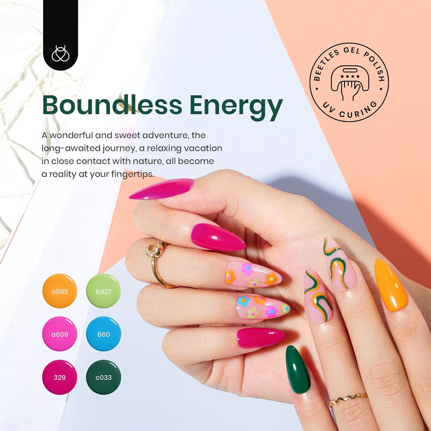 Beetles Summer Gel Polish Set- Hot Pink Green Blue Orange Gel Nail Polish 6 Colors Rainbow Nail Boundless Energy Collection Holiday Nail Art Design, Soak Off Uv LED Gel Manicure DIY Home