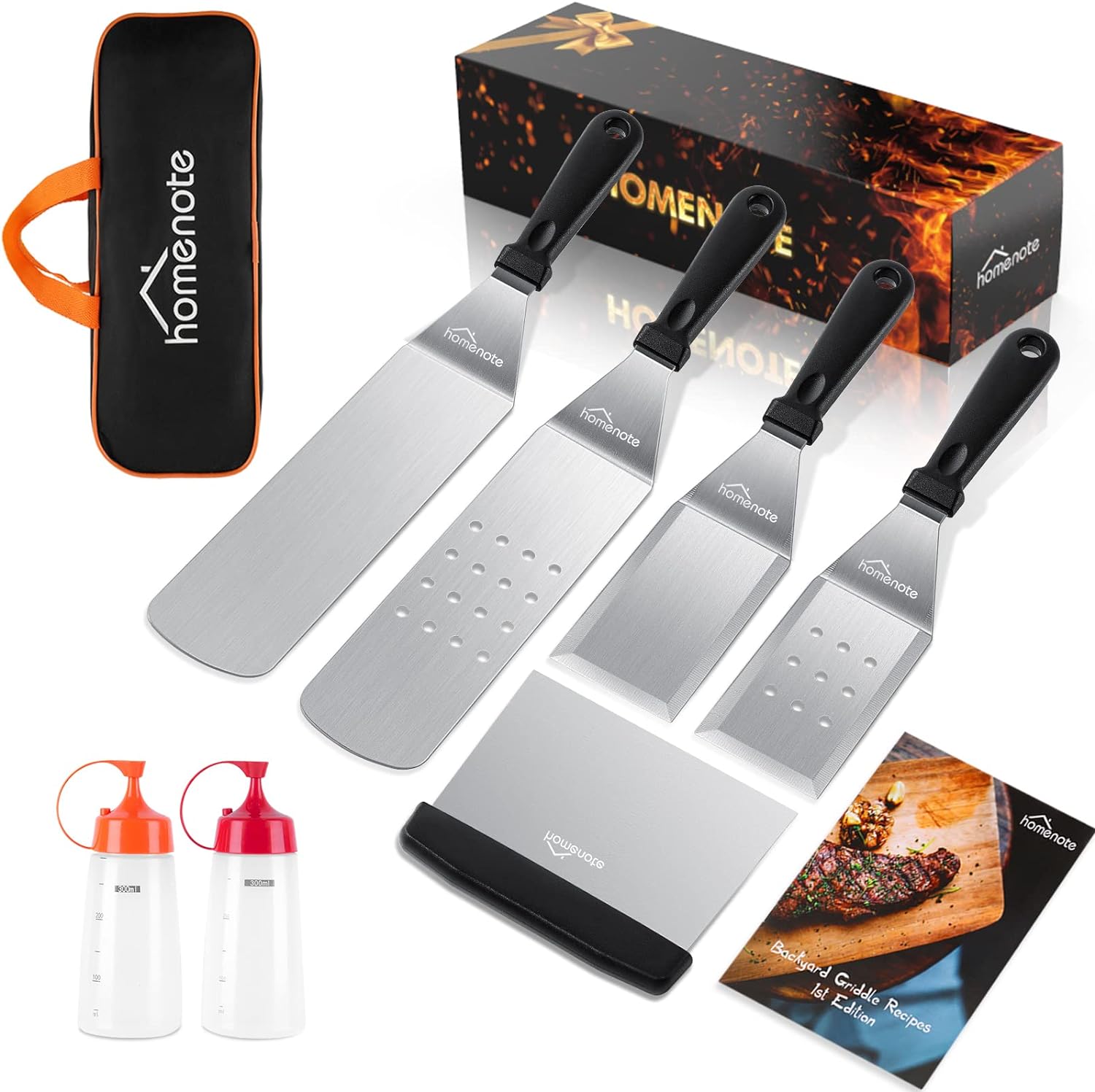 HOMENOTE Griddle Accessories Kit, Exclusive Griddle Tools Spatulas Set for Blackstone - 8 Pcs Commercial Grade Flat Top Grill Accessories - Great for Outdoor BBQ, Teppanyaki and Camping, Black