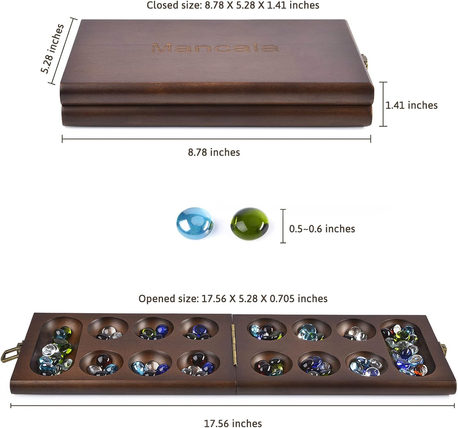 AMEROUS Wooden Mancala Board Game Set with 72+8 Bonus Multi Color Glass Stones - Folding Board - Mancala Instructions, Classic Family Board Game for Kids Adults, Tabletop Version