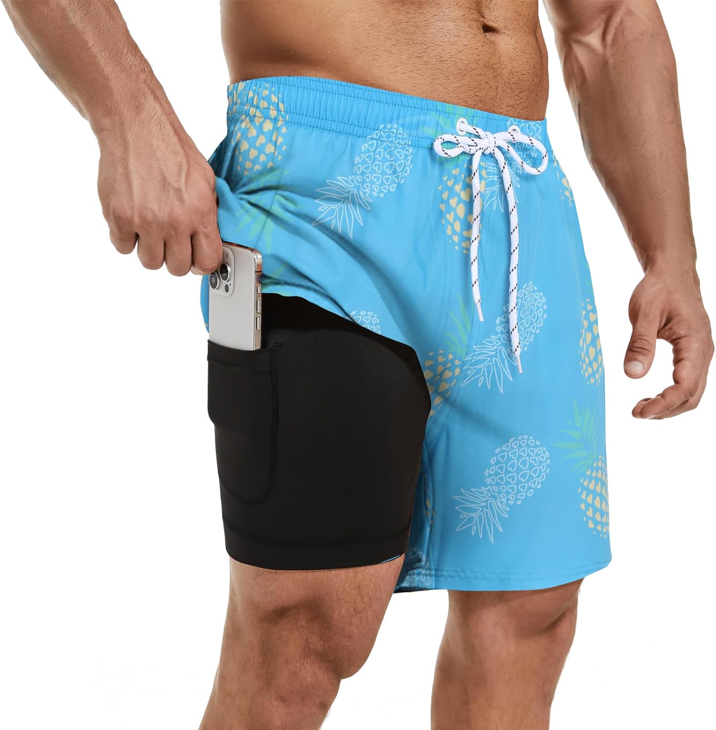 Mens Swim Trunks with Compression Liner 7" Inseam Quick Dry Board Shorts Swim Shorts Bathing Suits