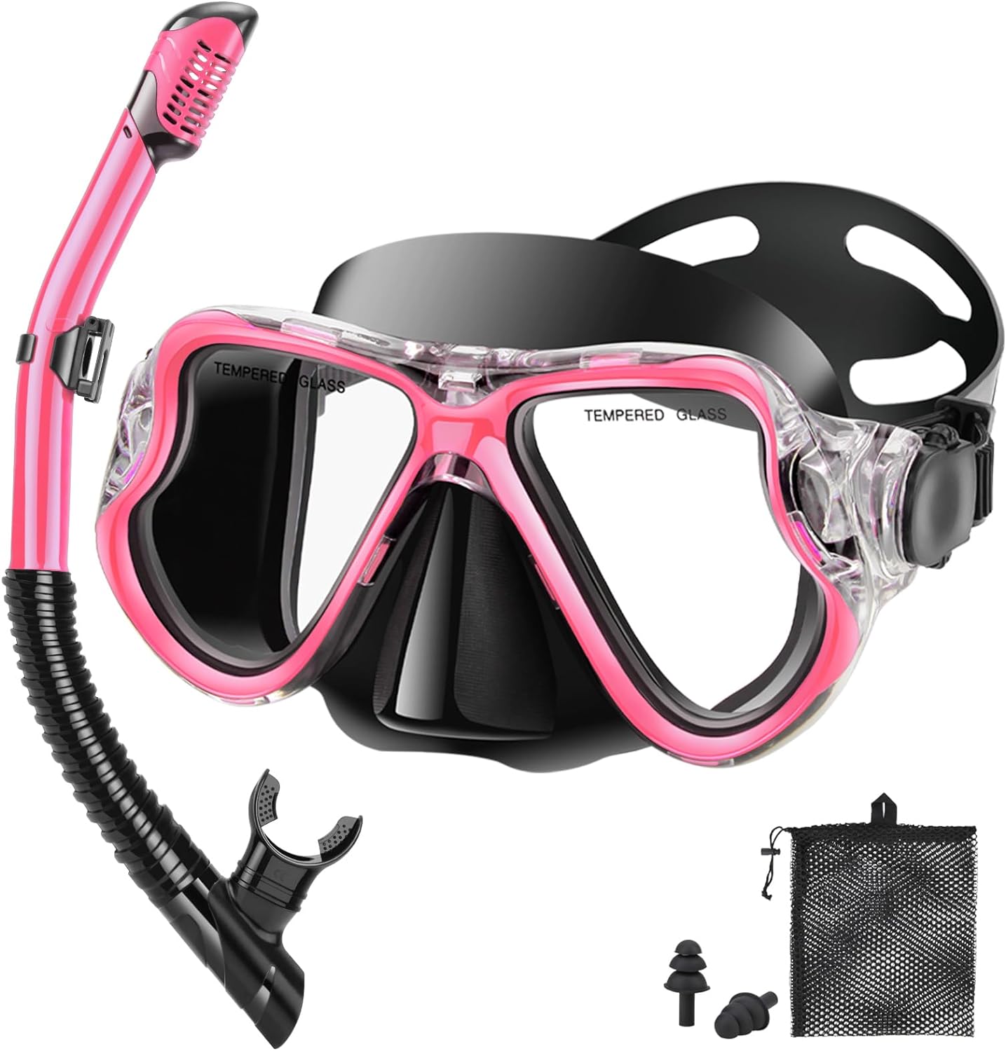 Snorkeling Gear for Adults Kids, Dry Snorkeling Set, Panoramic Anti-Leak and Anti-Fog Tempered Glass Lens, Adjustable Strap Snorkel Set with Mesh Bag Ear Plug for Snorkeling Scuba Diving Travel