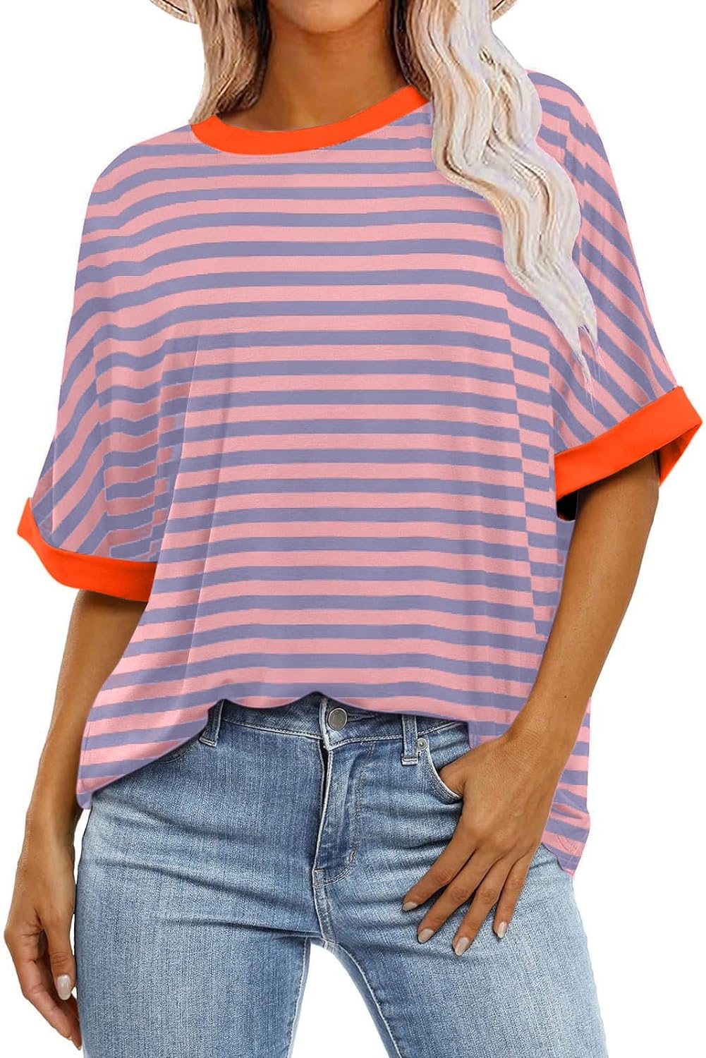 Oversized Tshirts for Women Summer 3/4 Length Sleeve Tops Casual Striped Crew Neck Tee Fashion Loose Clothes 2024