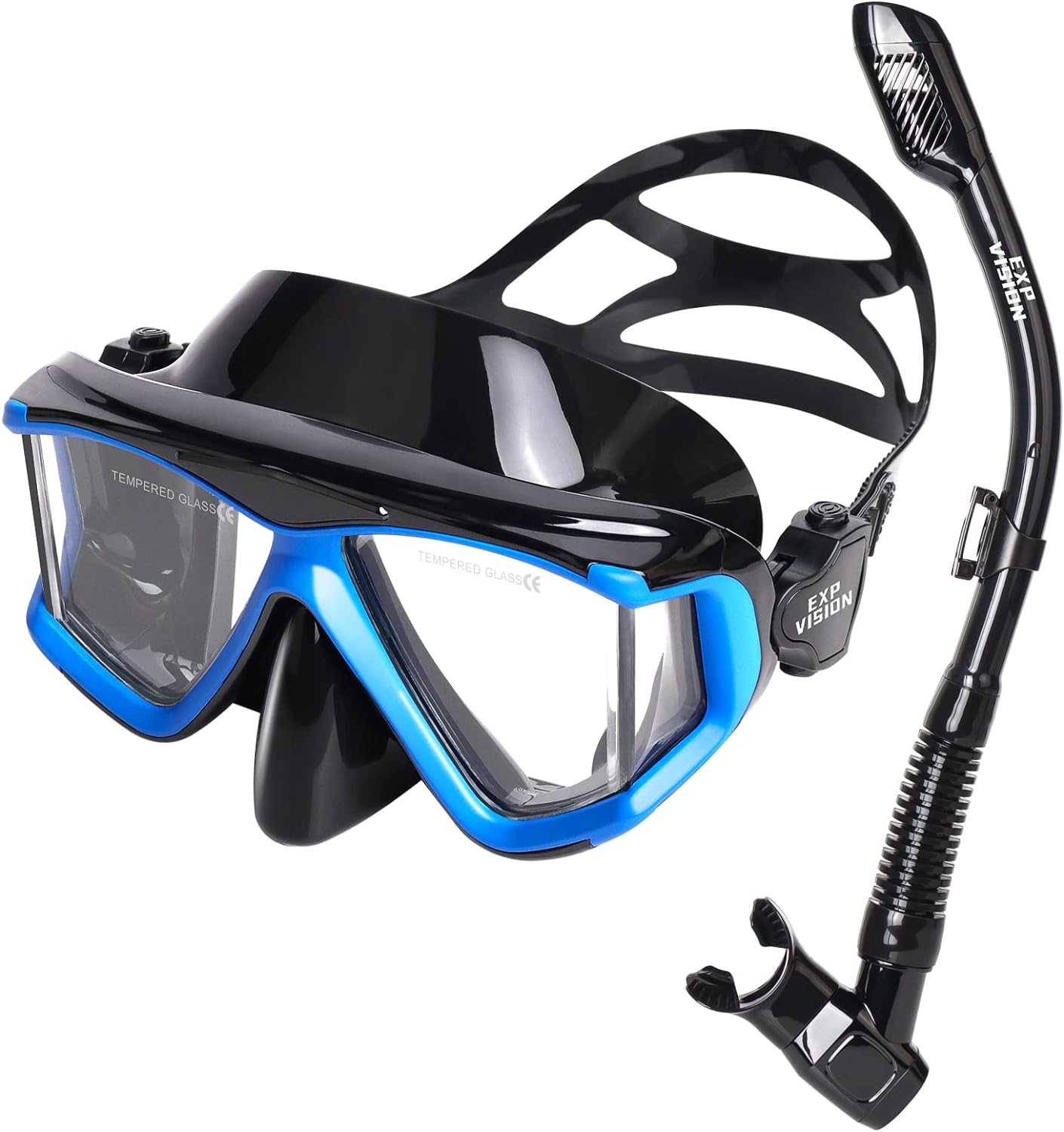 Snorkel Set Pano 4 Adult Snorkeling Gear, Professional Anti-Fog Snorkel Mask Dry Top Snorkel, Tempered Glass Scuba Diving Mask for Freediving, Snorkeling and Swimming