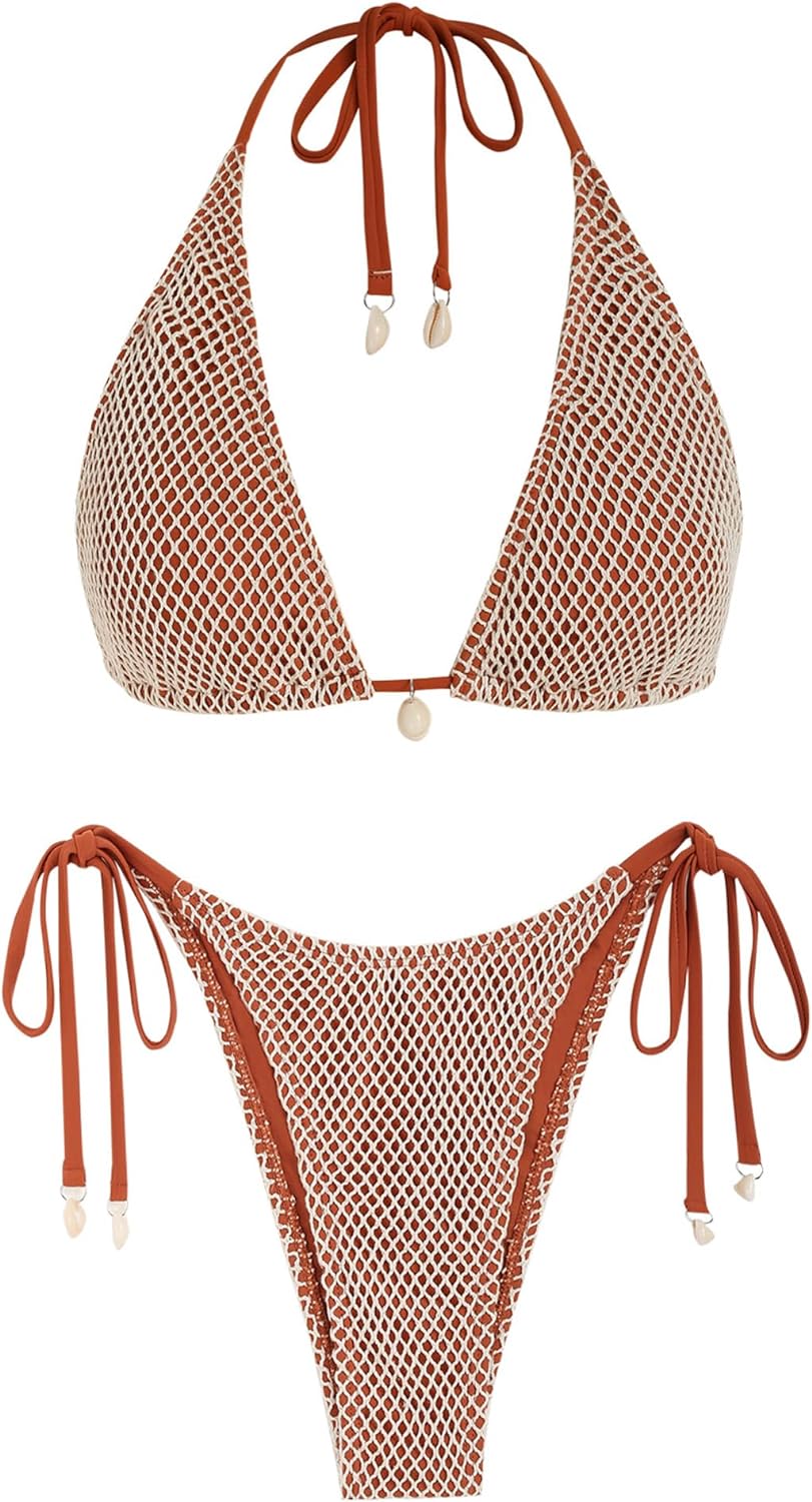 ZAFUL Women's Triangle Bikini Multiway Fishnet Tie Side Bandeau Halter String Bikini Set Two Piece Swimsuit Bathing Suits