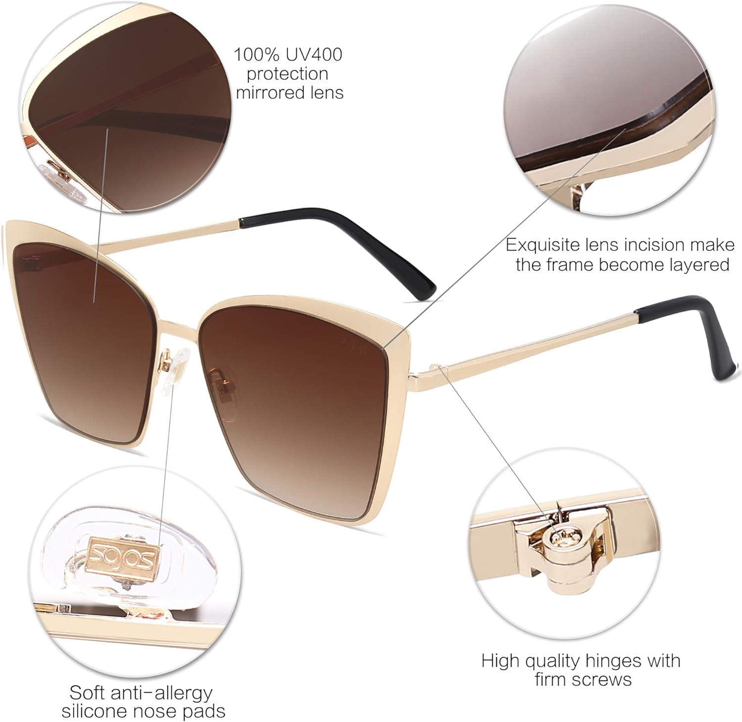 SOJOS Cateye Sunglasses for Women Fashion Mirrored Lens Metal Frame SJ1086