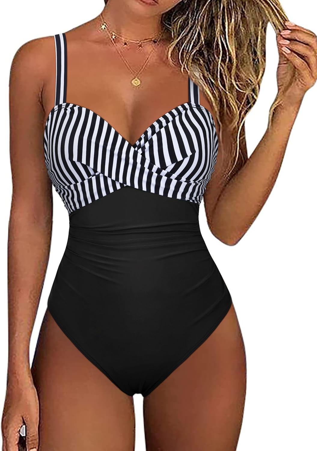 Hilor Women's Underwire One Piece Swimsuits Criss Cross Push Up Bathing Suit Retro Ruched Tummy Control Swimwear