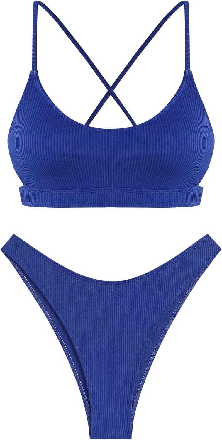 ZAFUL Women's Cutout Bikini Sets Scoop Neck Back Criss Cross Tie Ribbed High Cut Bikini Swimsuit Two Piece Bathing Suits