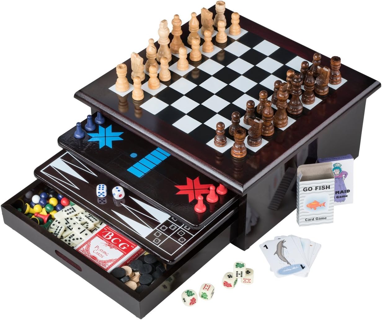 Board Game Set - Deluxe 15 in 1 Tabletop Wood-accented Game Center with Storage Drawer (Checkers, Chess, Chinese Checkers, Parcheesi, TicTacToe, SOlitaire, Snakes and Ladders, Mancala, Backgammon, Poker Dice, Playing Cards, Go Fish, Old Maid, and Dominos)