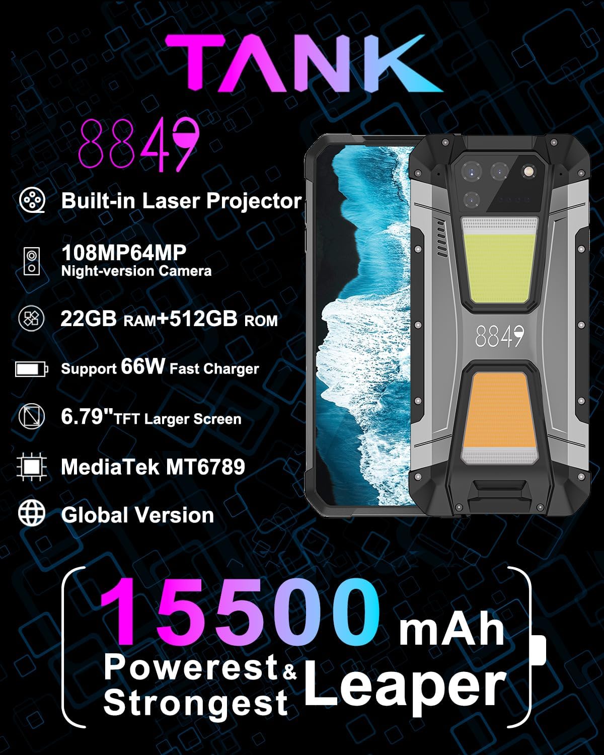 8849 Tank 2, 4G Unlocked Rugged Smartphone with Laser Projector, IP68 Waterproof Outdoor Smartphone with 22GB+512GB, FHD 6.79" ,15500mAh Battery, 108MP Camera, Andriod 13, 66W Fast Charger, OTG/NFC