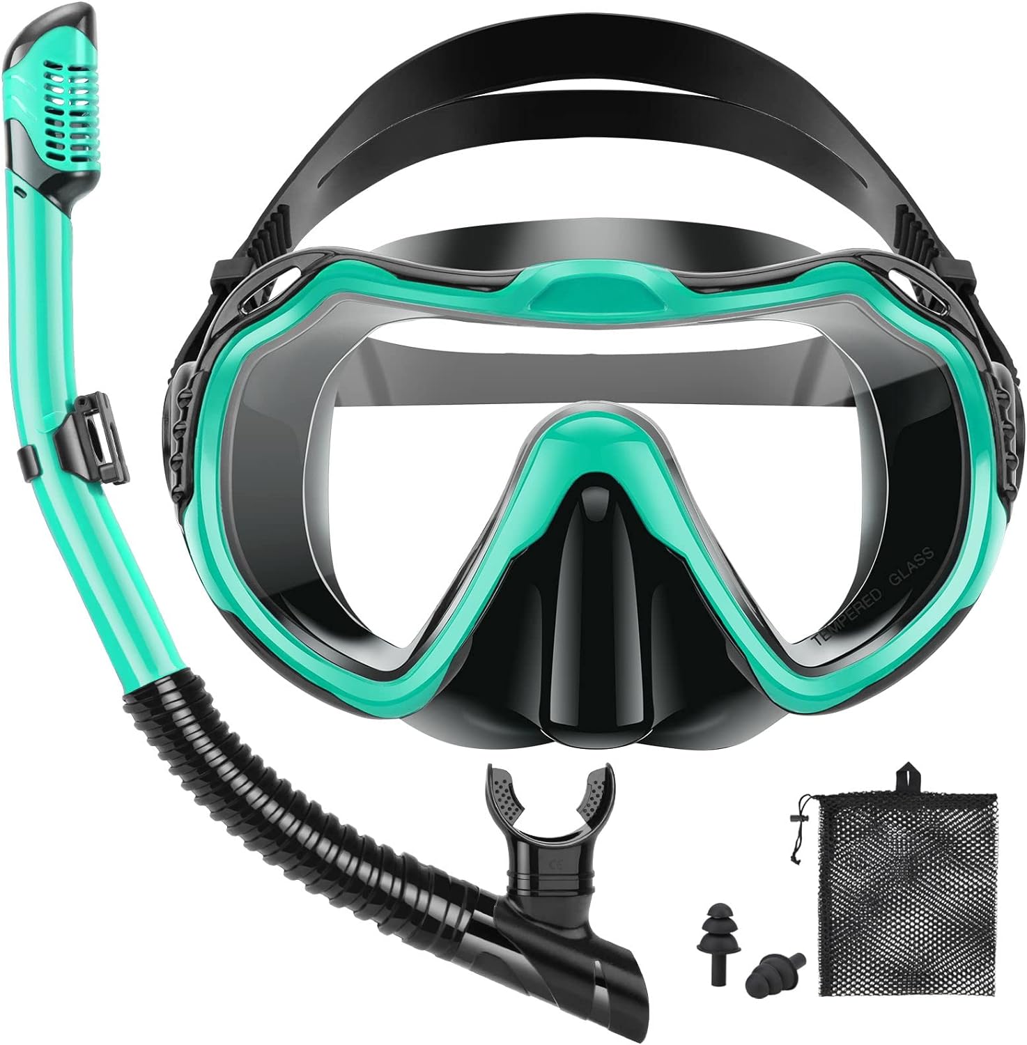 Snorkeling Gear for Adults, Dry Snorkel Set, Panoramic Anti-Leak and Anti-Fog Tempered Glass Lens, Adjustable Snorkeling Gear with Mesh Bag Ear Plug for Snorkeling Scuba Diving Travel