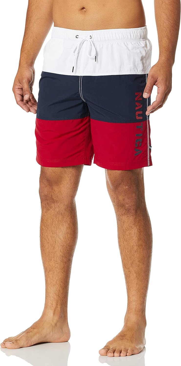 Nautica Men's Standard Quick Dry Classic Logo Tri-Block Series Swim Trunk