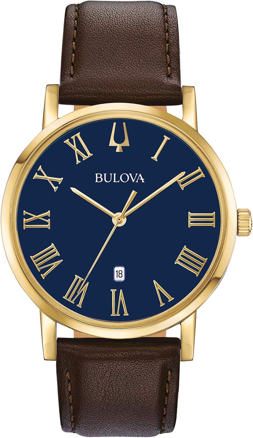 Bulova Men's Classic 3-Hand Calendar Date Quartz Leather Strap Watch, Roman Numeral Markers, 40mm