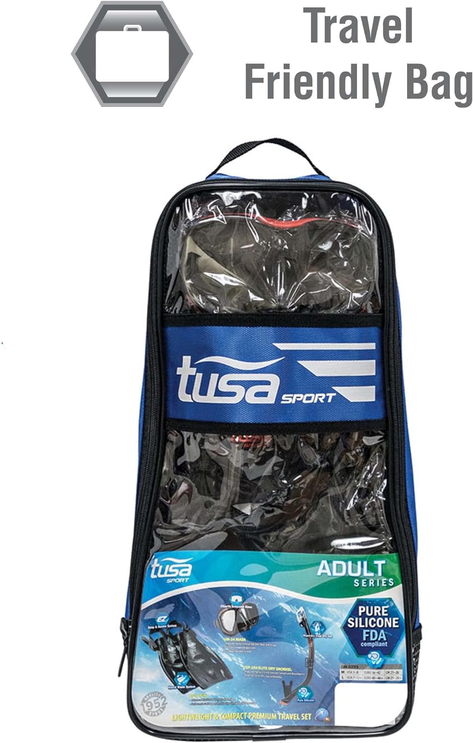 TUSA Sport Adult Powerview Mask, Dry Snorkel, and Fins Travel Set