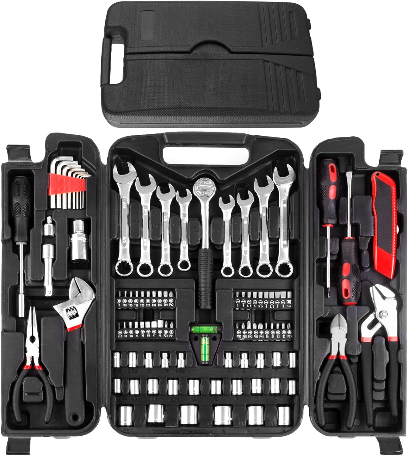 TLGREEN 95 Piece Tool Set, Tool Kit, Mechanics Tool Set, Fathers Day Gifts, Portable Toolbox with Adjustable Wrench Pliers Socket Bits, with Plastic Toolbox, for House Apartment Garage (Red)