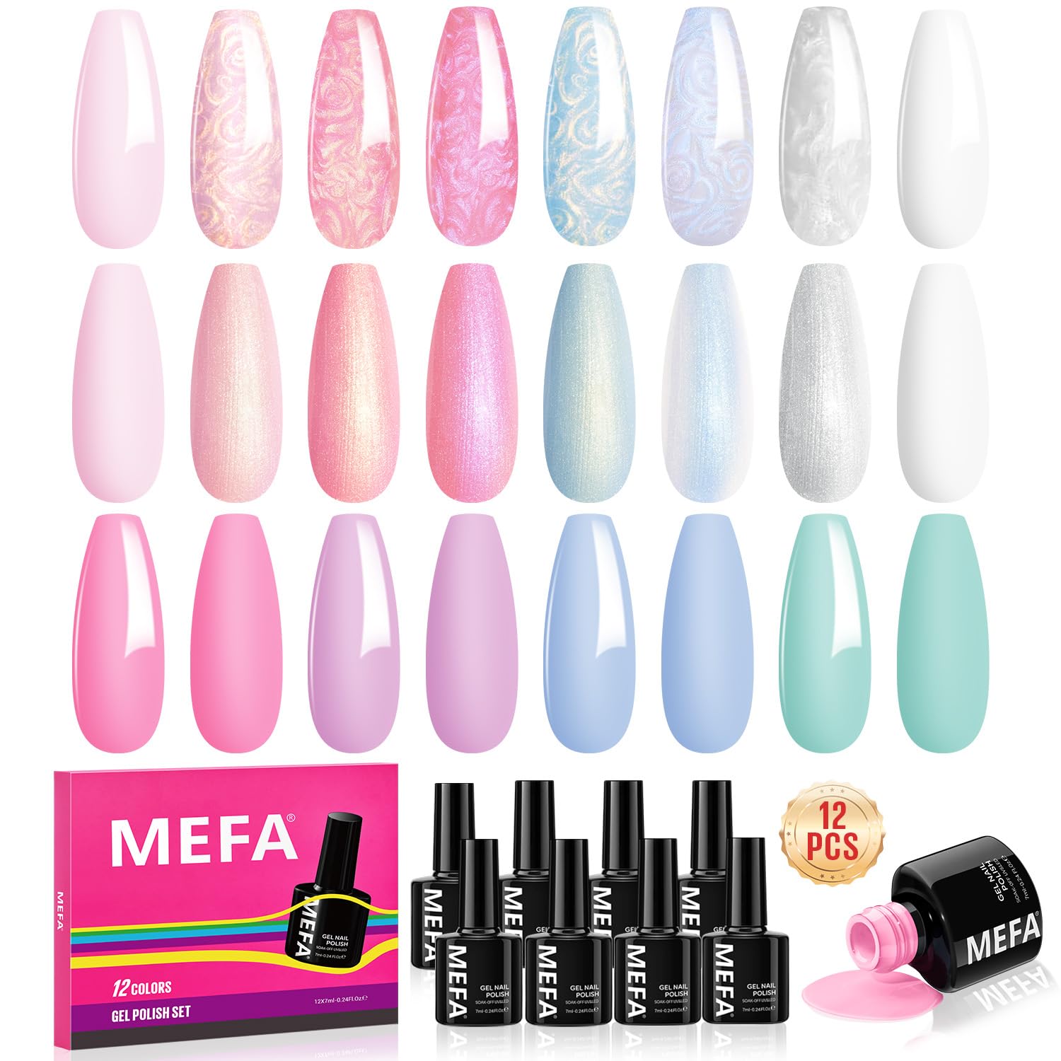 MEFA Pearl Gel Nail Polish Set, 12 Colors Shimmer Shades Mermaid Soft Pink Light Blue Purple Summer Glitter Swirl Sell Thread Gel Nail Polish Kit Nail Art Manicure DIY Salon Home Women Gifts