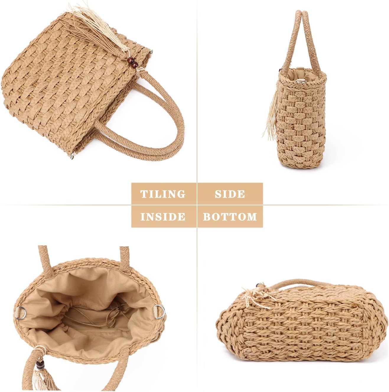 Ynport Straw Handbag Tote for Women Summer Beach Drawstring Rattan Bucket Bag Handmade Woven Hobo Shopping Purse