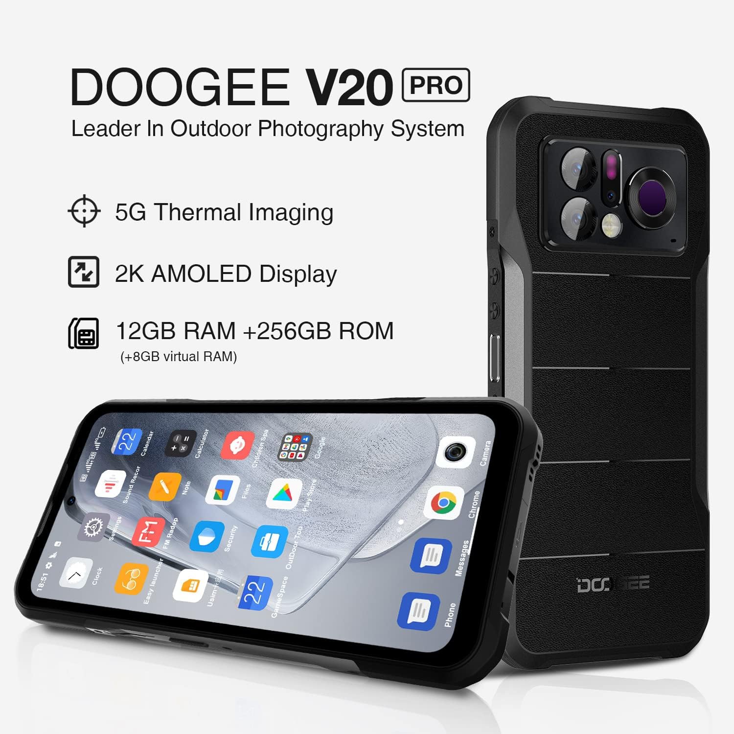 DOOGEE V20 PRO Rugged Smartphone 5G (2023), 1440 * 1080 Thermal Camera Unlocked Rugged Phone, 120Hz 2K AMOLED Display Android Phone, 20GB+256GB Android 12 Cell Phone, 24MP Night Vision, NFC, OTG