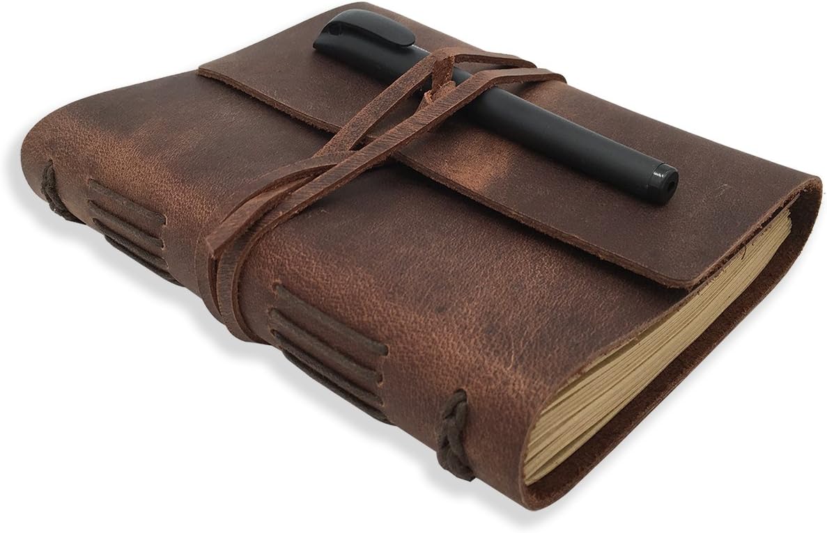 Leather Journal Writing Notebook - Genuine Leather Bound Daily Notepad for Men & Women Lined Paper 240 Kraft Pages, Handmade, Rustic Brown, 5 x 7 in