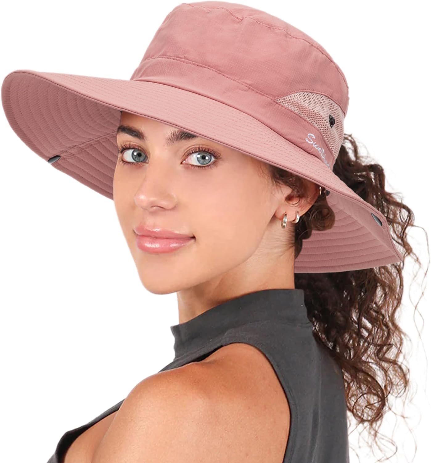 Womens Summer Sun Hat Beach Hat Wide Brim Outdoor UV Protection Hat Packable Mesh Bucket Hat with Ponytail Hole