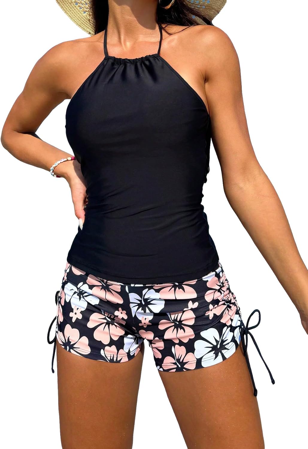 SOLY HUX Tankini Swimsuits for Women Halter Tops and Floral Print Shorts Bathing Suits Two Piece Swimsuit