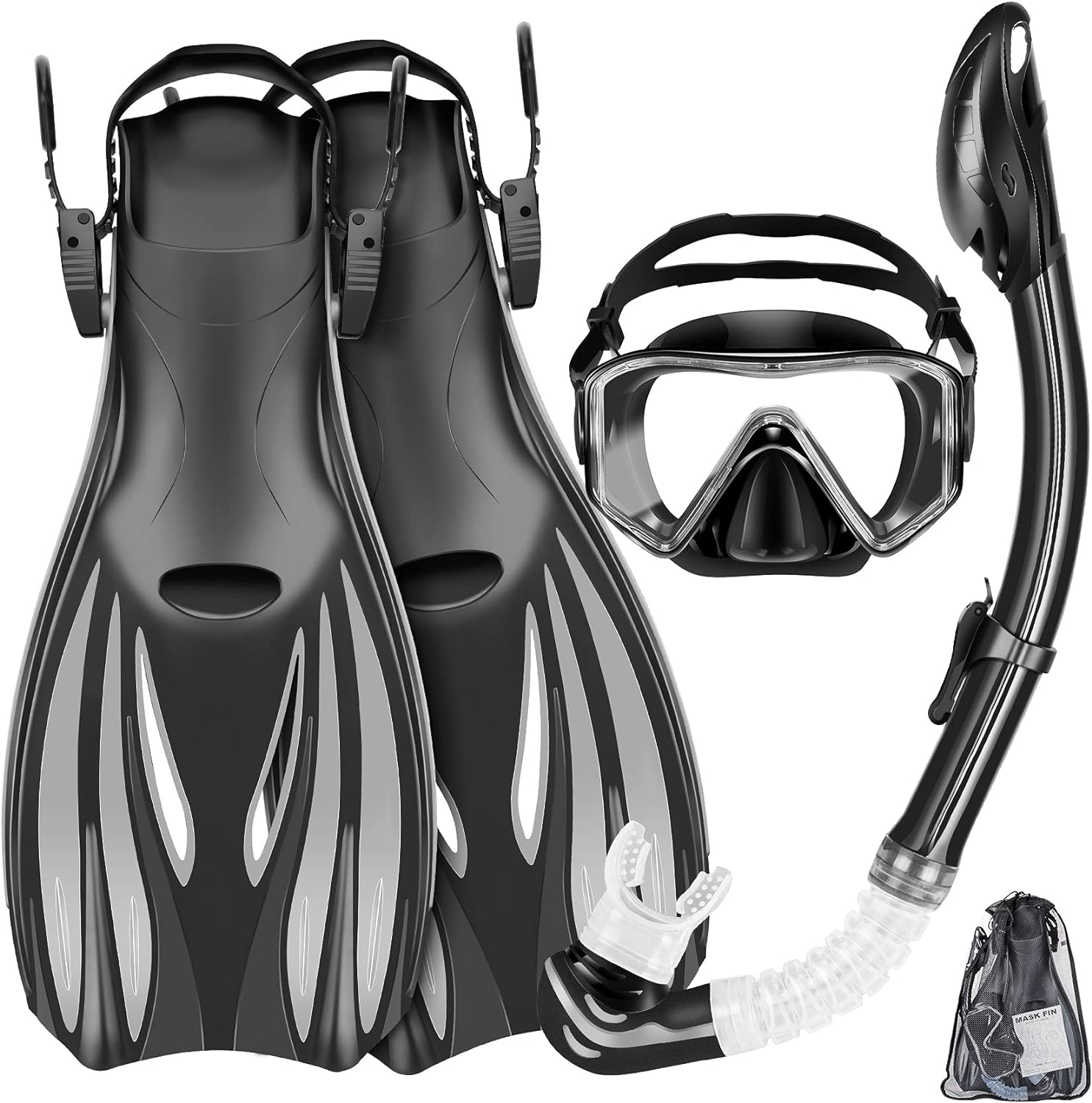 Snorkeling Gear for Adults Kids - Mask Fins Snorkel Set with Panoramic View Snorkel Mask Anti-Fog Anti-Leak, Dry Top Snorkel, Dive Flippers and Gear Bag, Snorkeling Diving Safety Gear