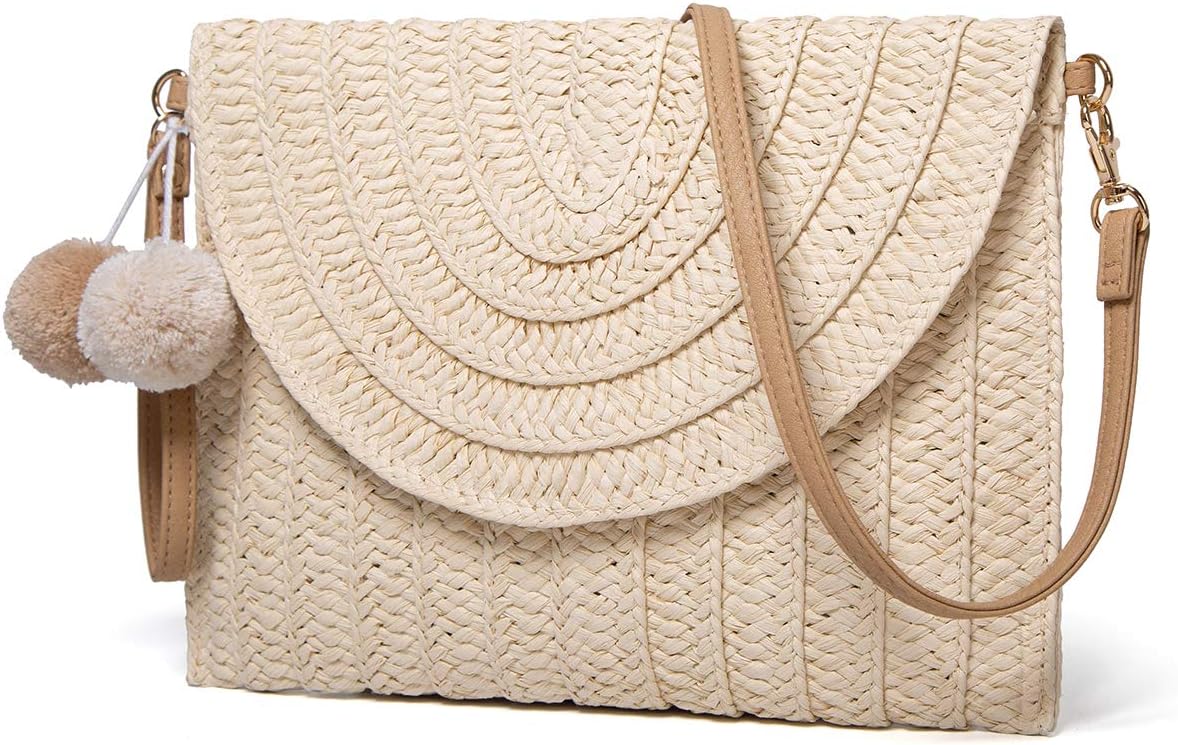 Straw Shoulder Bag Straw Clutch Women Hand-woven PomPom Straw Crossbody Bag Summer Beach Envelope Purse Wallet