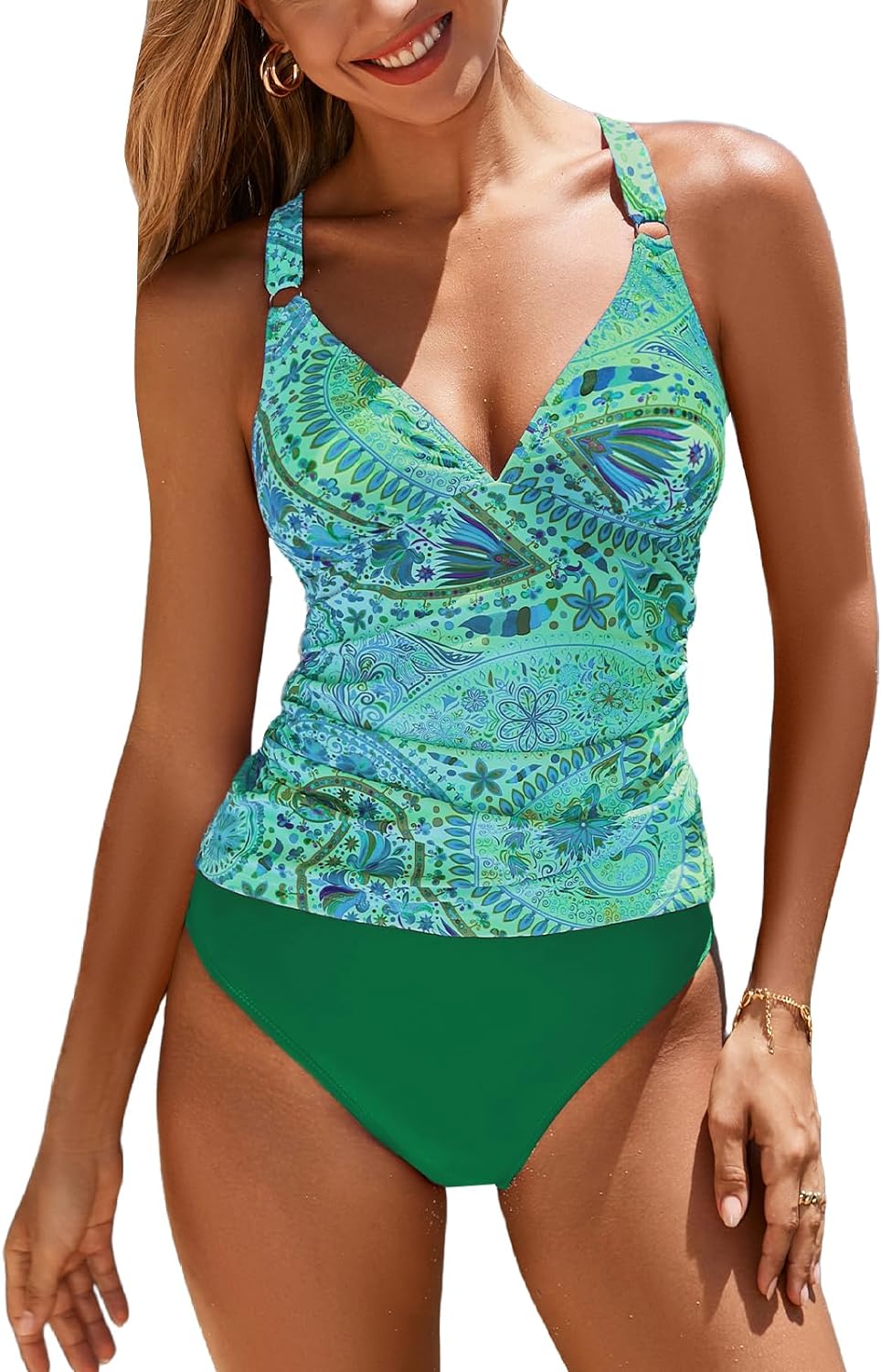 CUPSHE Women's Tankini Sets Two Piece Swimsuit Tummy Control V Neck Crisscross Back Tie Mid Rise Adjustable Straps