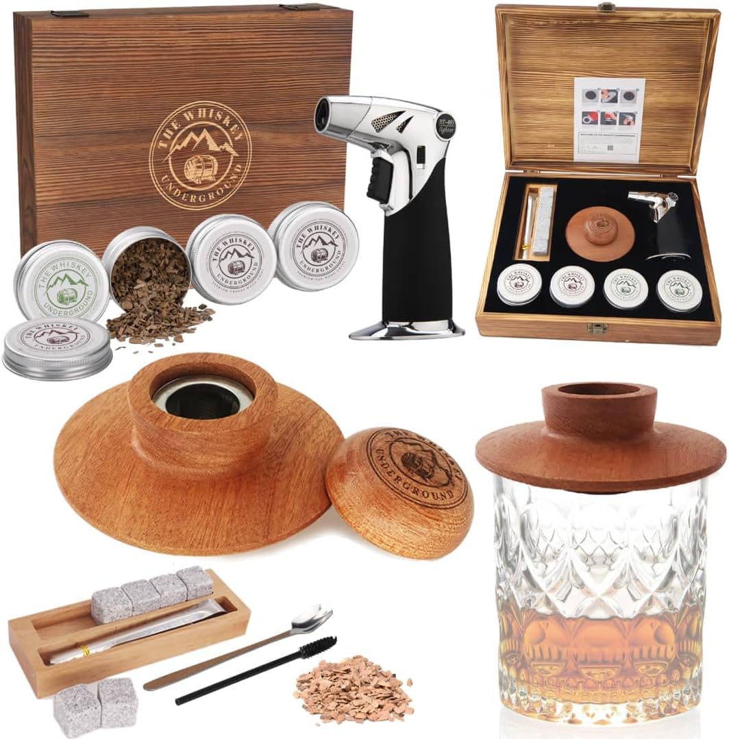 Bourbon, Whiskey Smoker Kit - Cocktail Smoking Kit with Butane Torch, Smoke Top, Whiskey Stones - Apple, Cherry, Oak, Walnut Wood Chips - Premium Wooden Box. No Butane