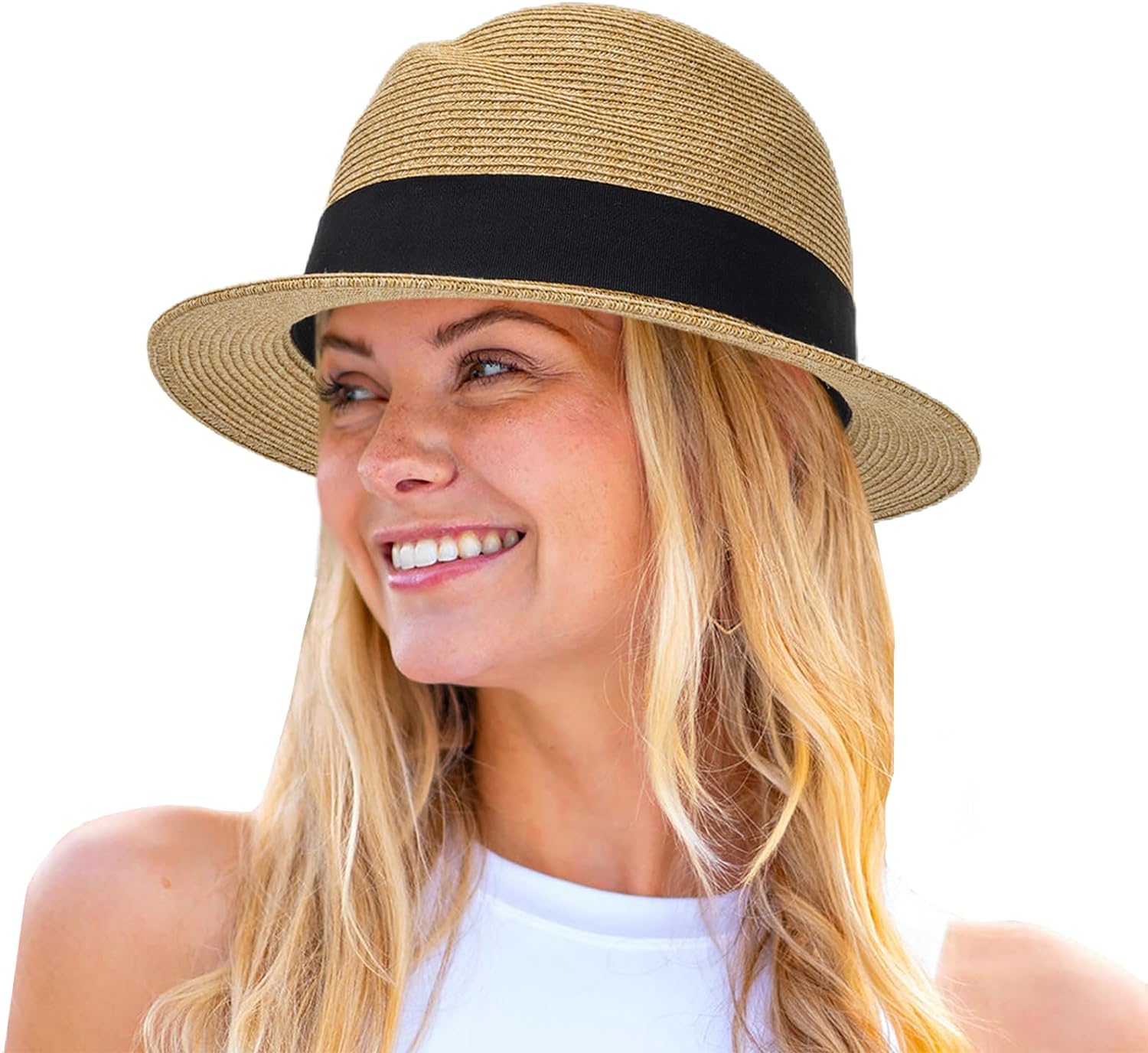 Straw Fedora-Sun-Hats for Women Men Summer Short Brim Roll Up Trilby Hat Packable Panama-Jazz Beach Hat