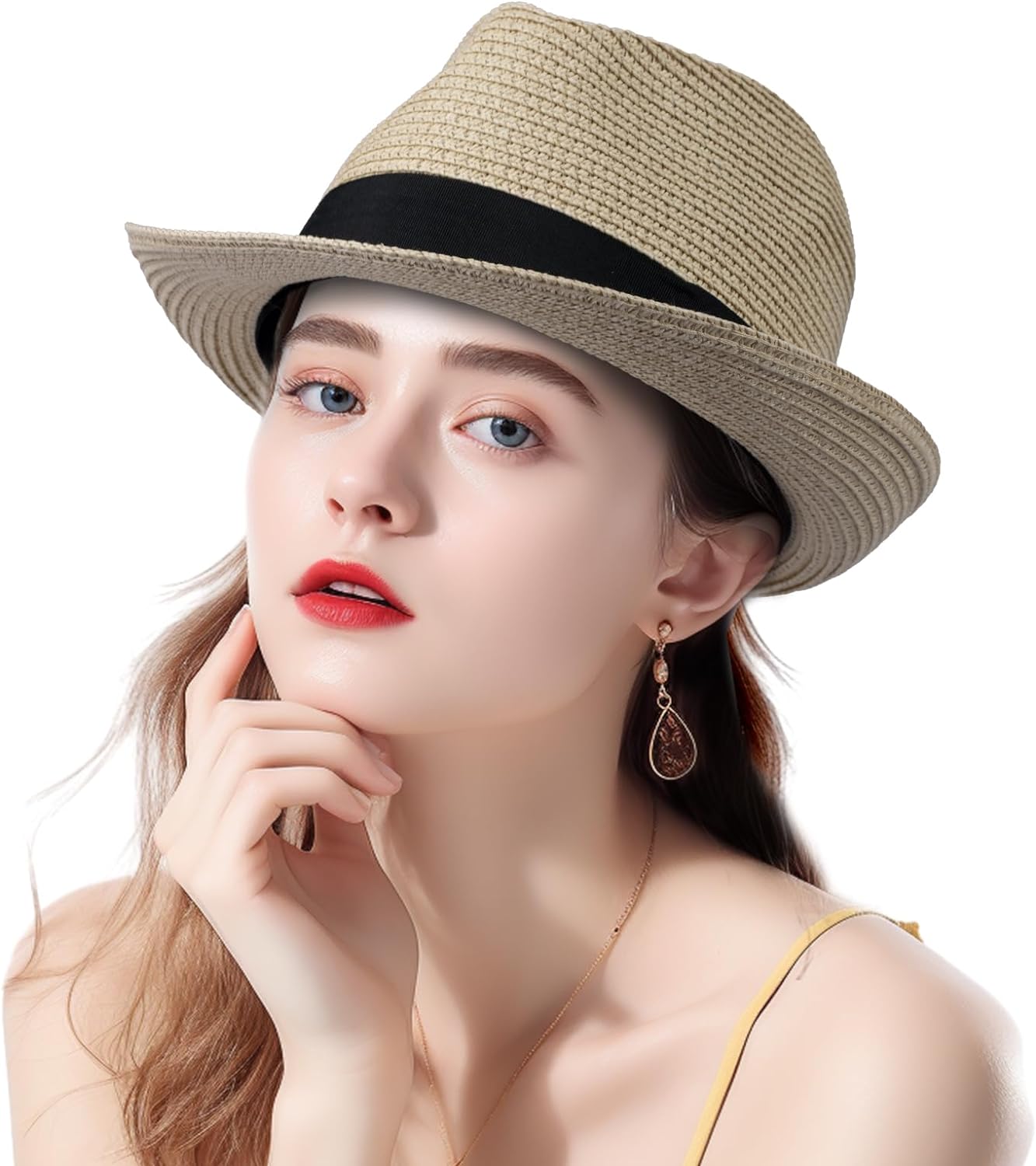 Straw Fedora Hat for Women Men Short Brim Panama Hat Roll Up Trilby Summer Beach Sun Hat UPF 50+