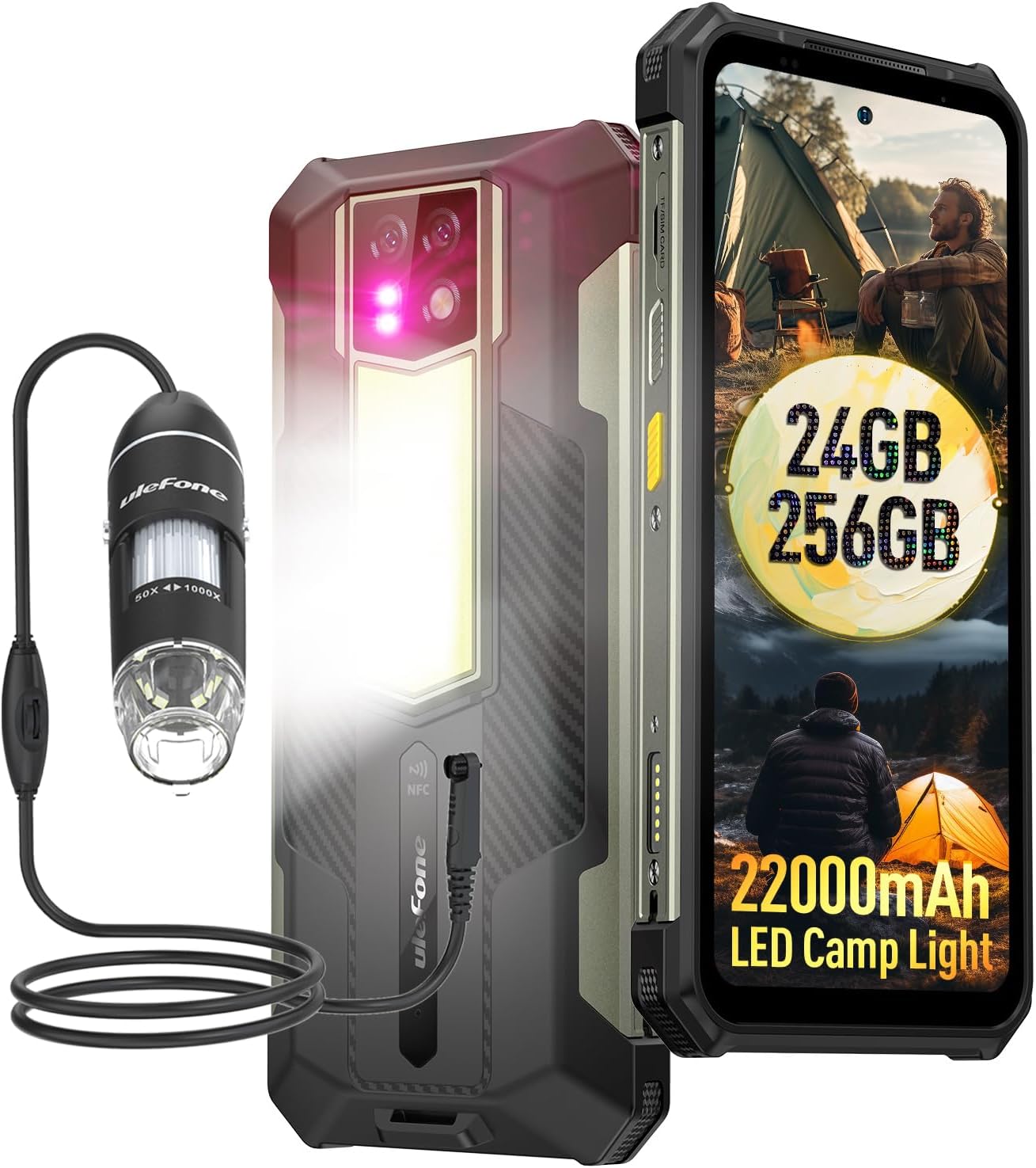 Ulefone Armor 24 & Microscope C01 Rugged Phones 1000LM Camping Light IP68/69K, 22000mAh(66W), MTK Helio G96 24GB+256GB, 64MP+64MP Night Vision Camera, 6.78" FHD+ Corning Gorilla Screen, IR Blaster