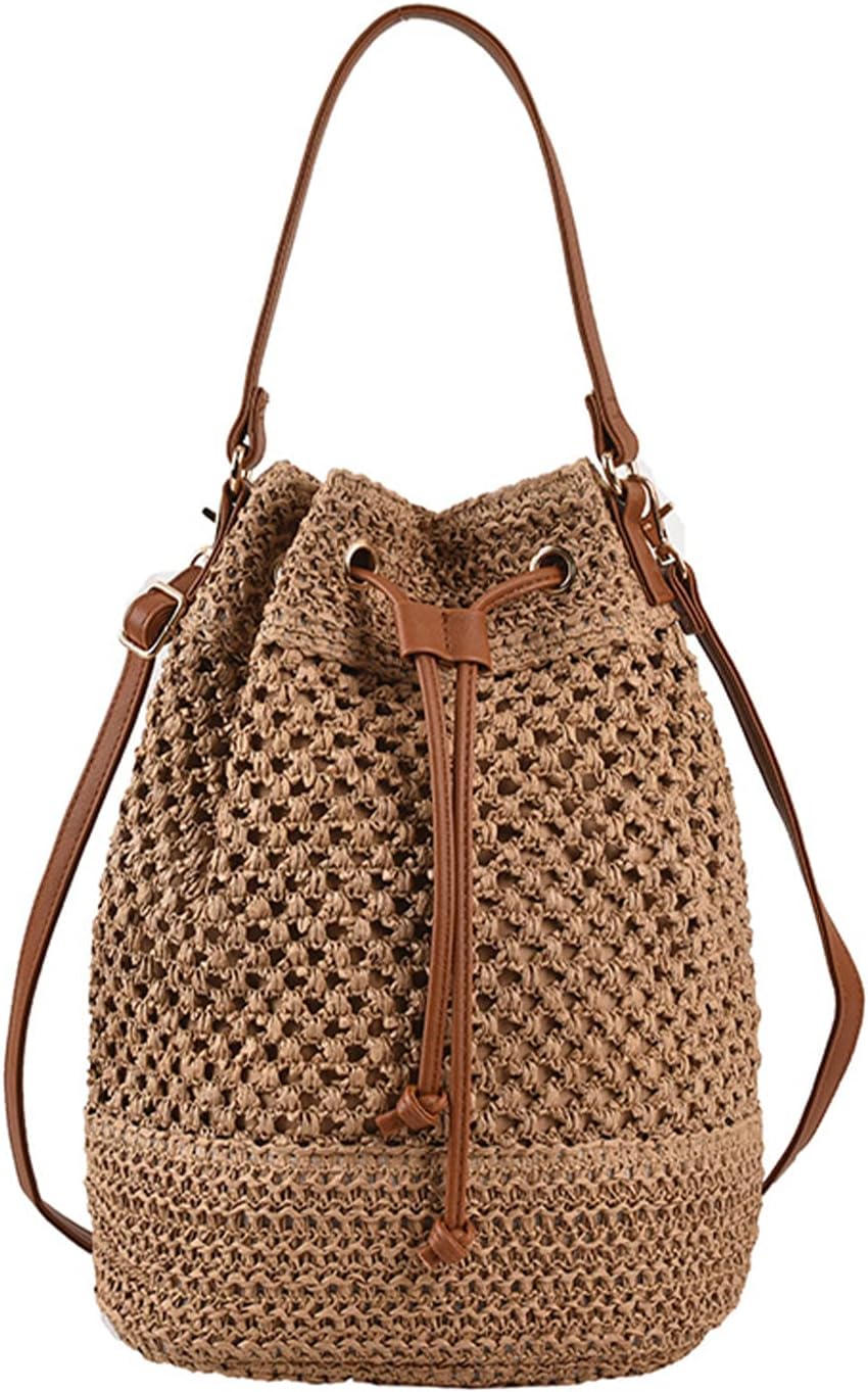 Straw Bucket Bag for Women, Summer Woven Beach Bag Drawstring Hobo Bucket Purses Handbag for Vacation