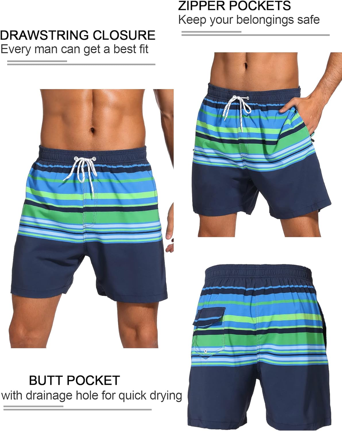 SILKWORLD Quick Dry Mens Swimming Trunks with Compression Liner Bathing Suit Swim Shorts with Zip Pockets