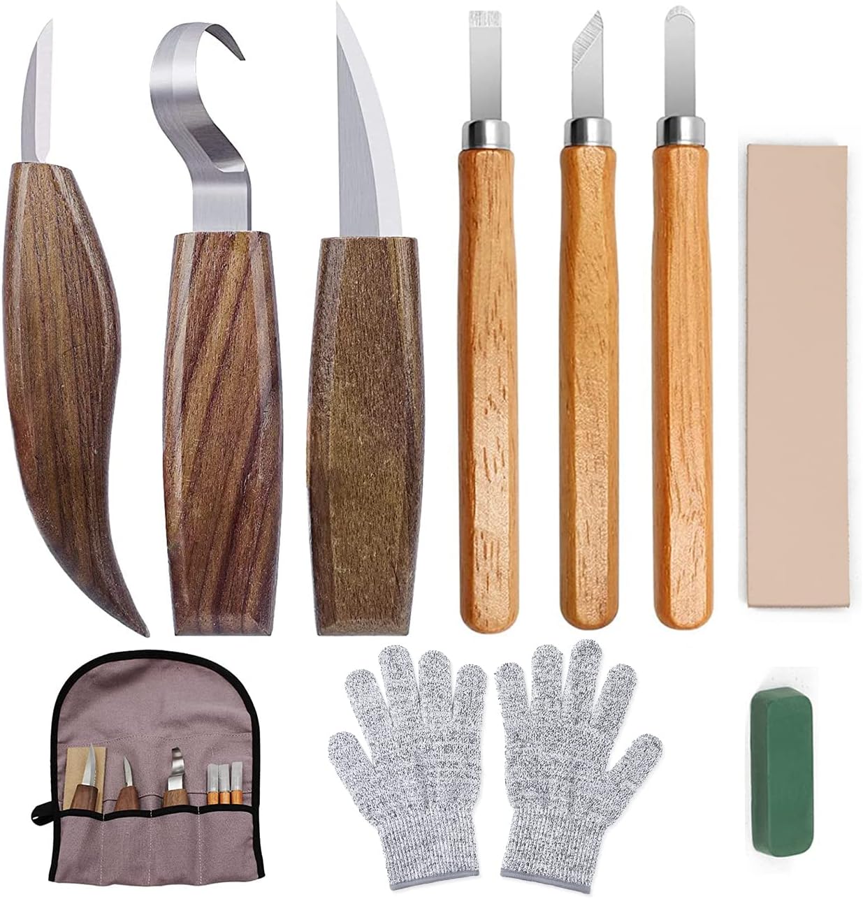 10Pcs Wood Carving Knife Set Beginner Kit, Convenient Tools Set Cut Resistant Gloves Spoon Carving Hook Knife, Wood Carving Whittling Knife, Chip Carving Detail Knife Sandpaper for Woodworking