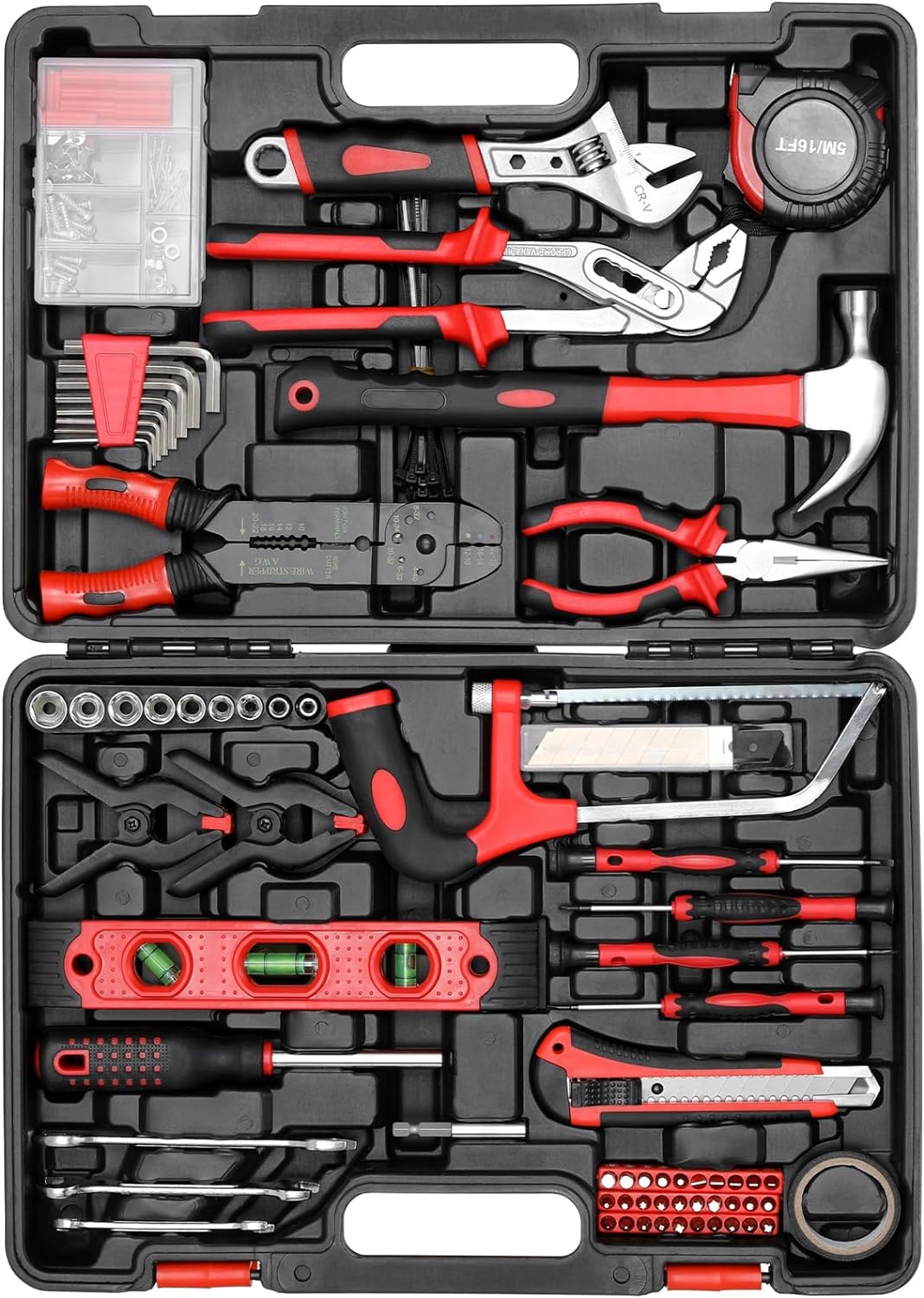 TLGREEN 218 Piece Tool Kit, Fathers Day Gifts Tool Set Mechanics Kit, Portable Tool Box Set with Saw Adjustable Wrench Drive Socket Combination Wrench, with Plastic Toolbox, for Home Apartment Garage