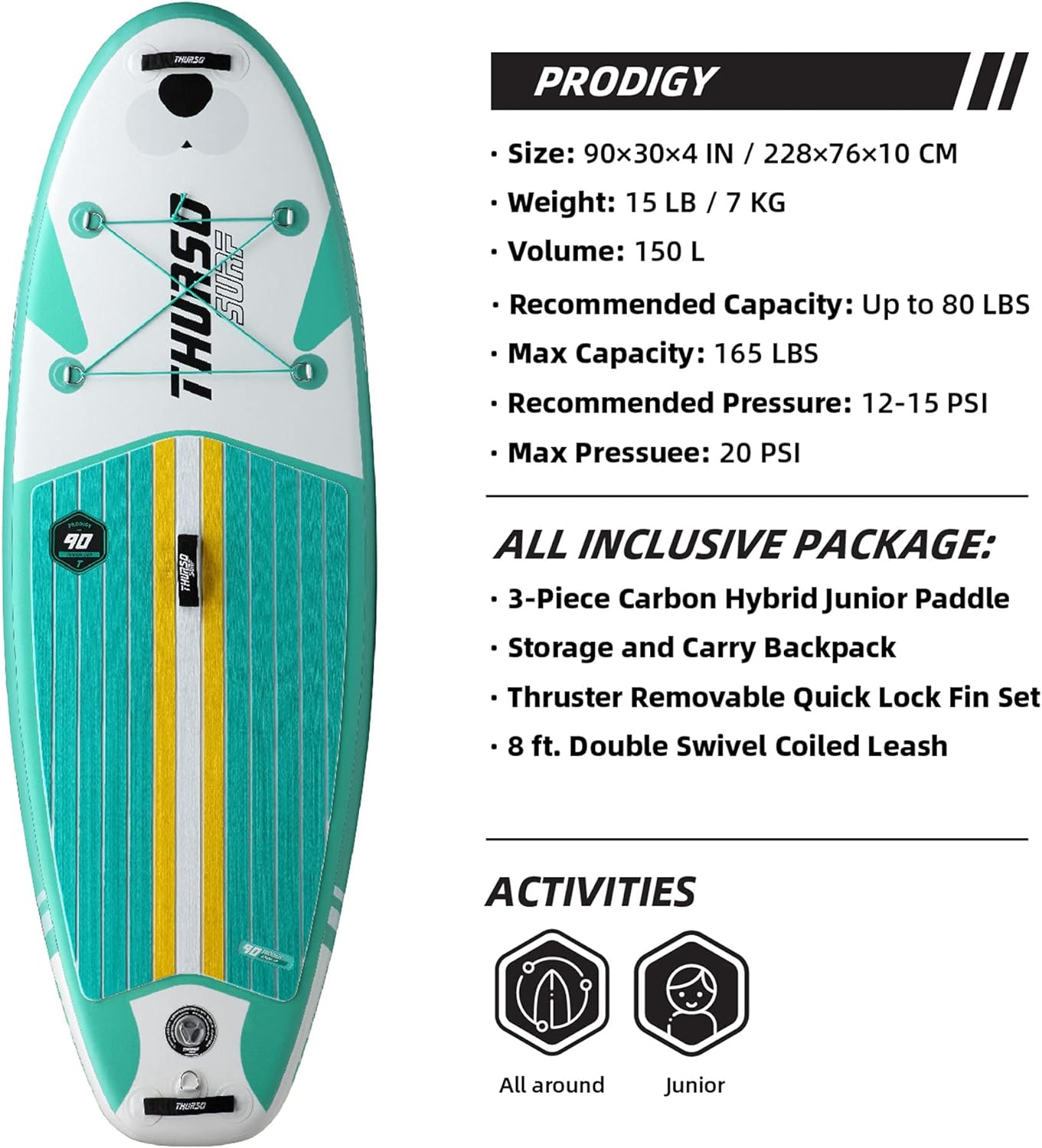 THURSO SURF Prodigy Junior Kids Inflatable SUP Stand Up Paddle Board 7'6 x 30'' x 4'' Two Layer Includes Adjustable Carbon Shaft Paddle/3 Fins/Leash/Duffle Bag/NO Pump Included