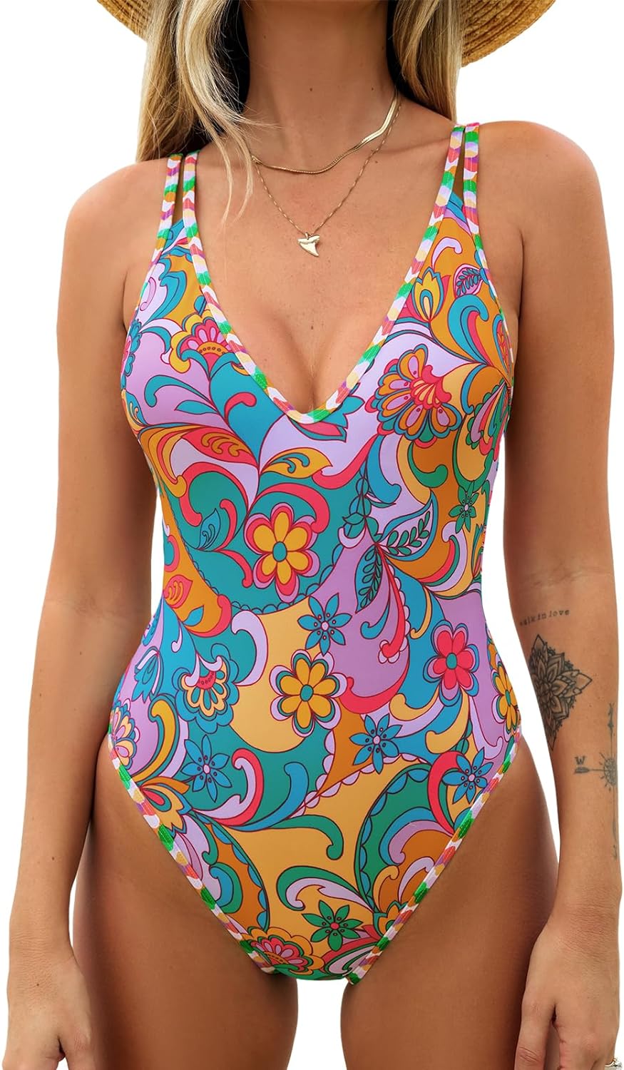 CUPSHE Women's One Piece Swimsuit Bathing Suit Double Strap Back tie Low Cut Boho Paisley Swimwear